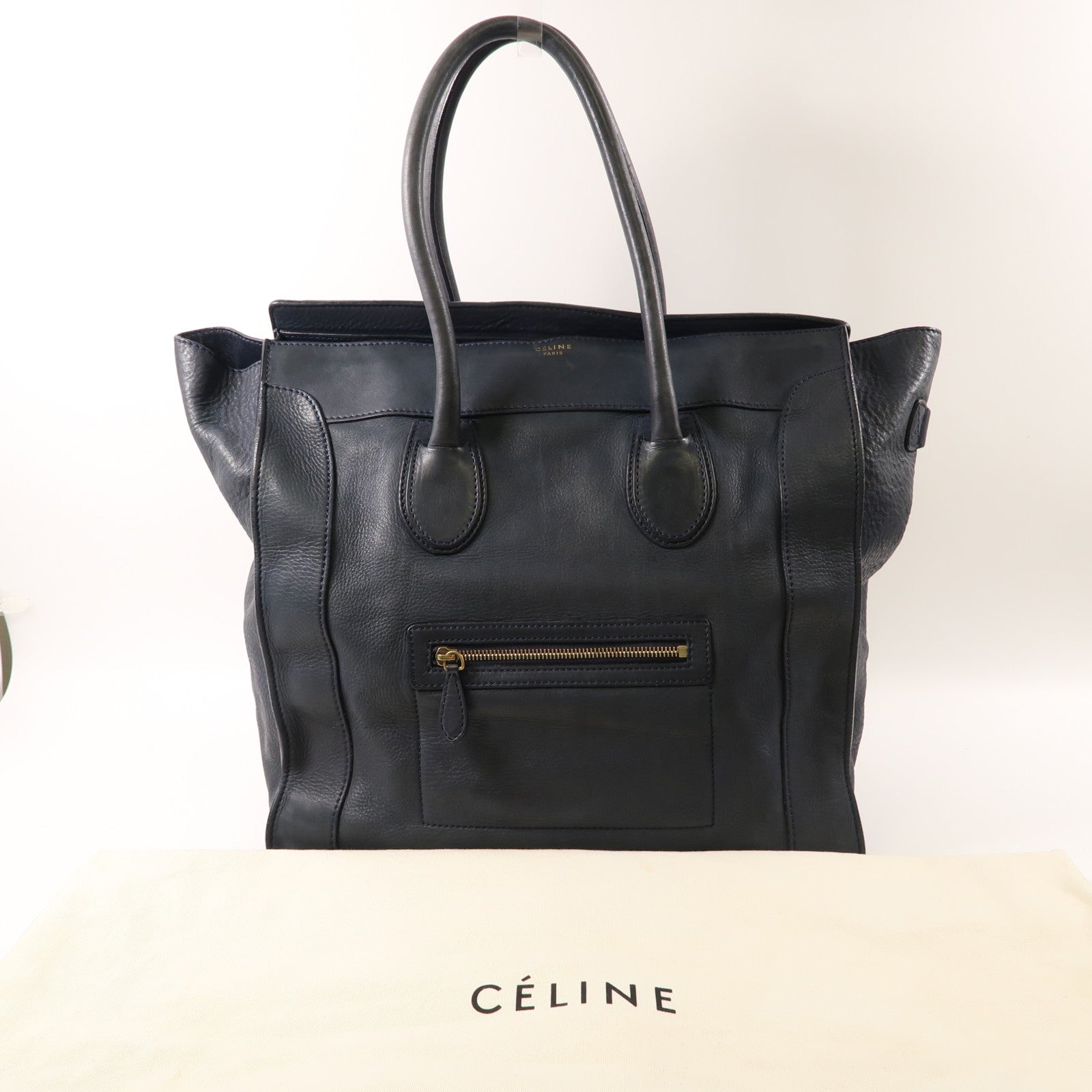 CELINE 牛皮皮革Luggage金扣手挽袋深藍色