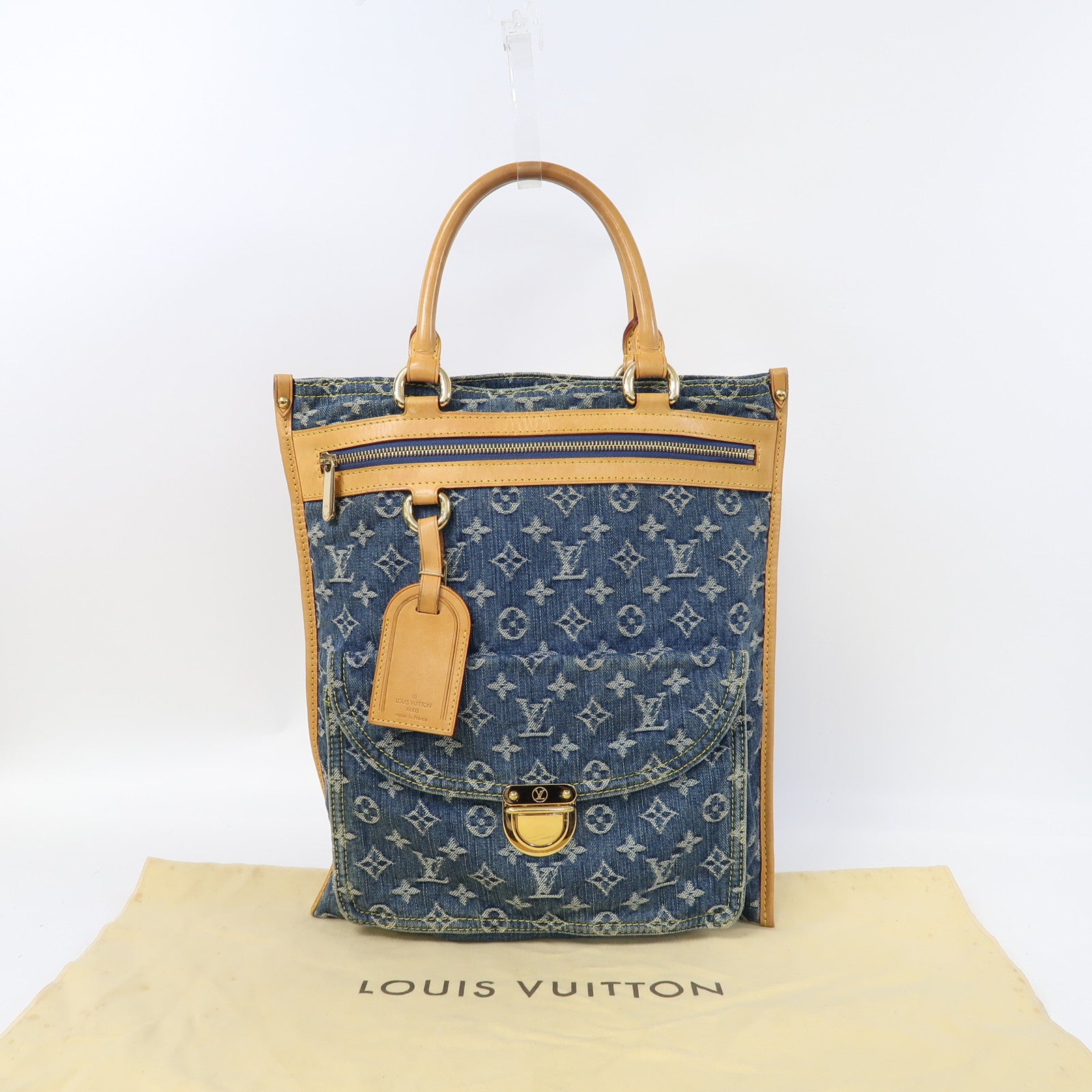 LOUIS VUITTON Monogram Denim Flat Shopper金扣手挽袋藍色