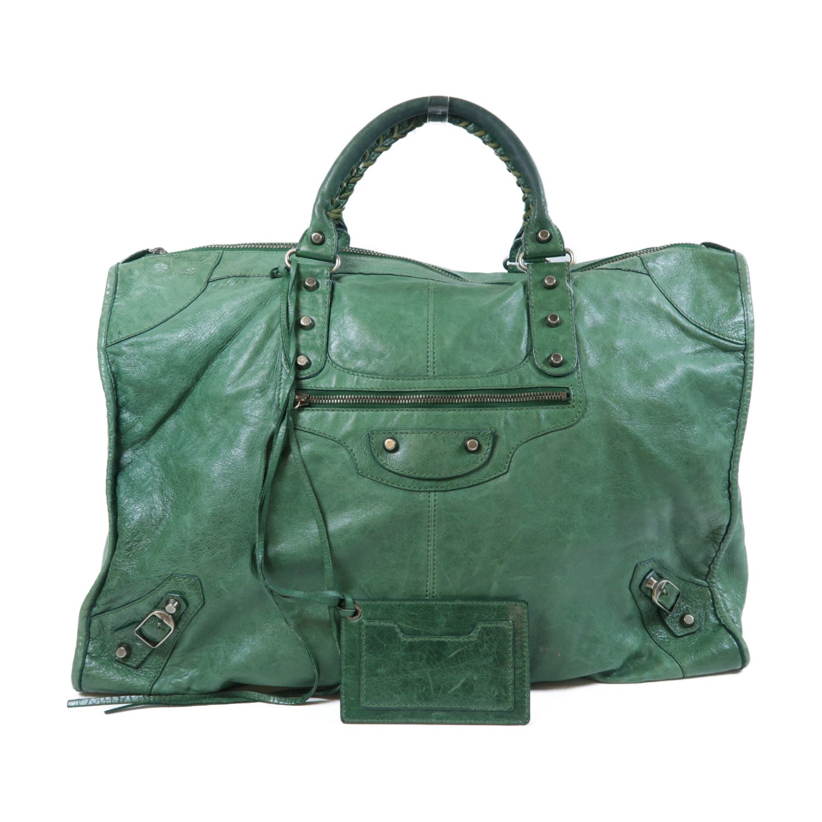 BALENCIAGA 牛皮皮革Weekender銀扣手挽袋綠色