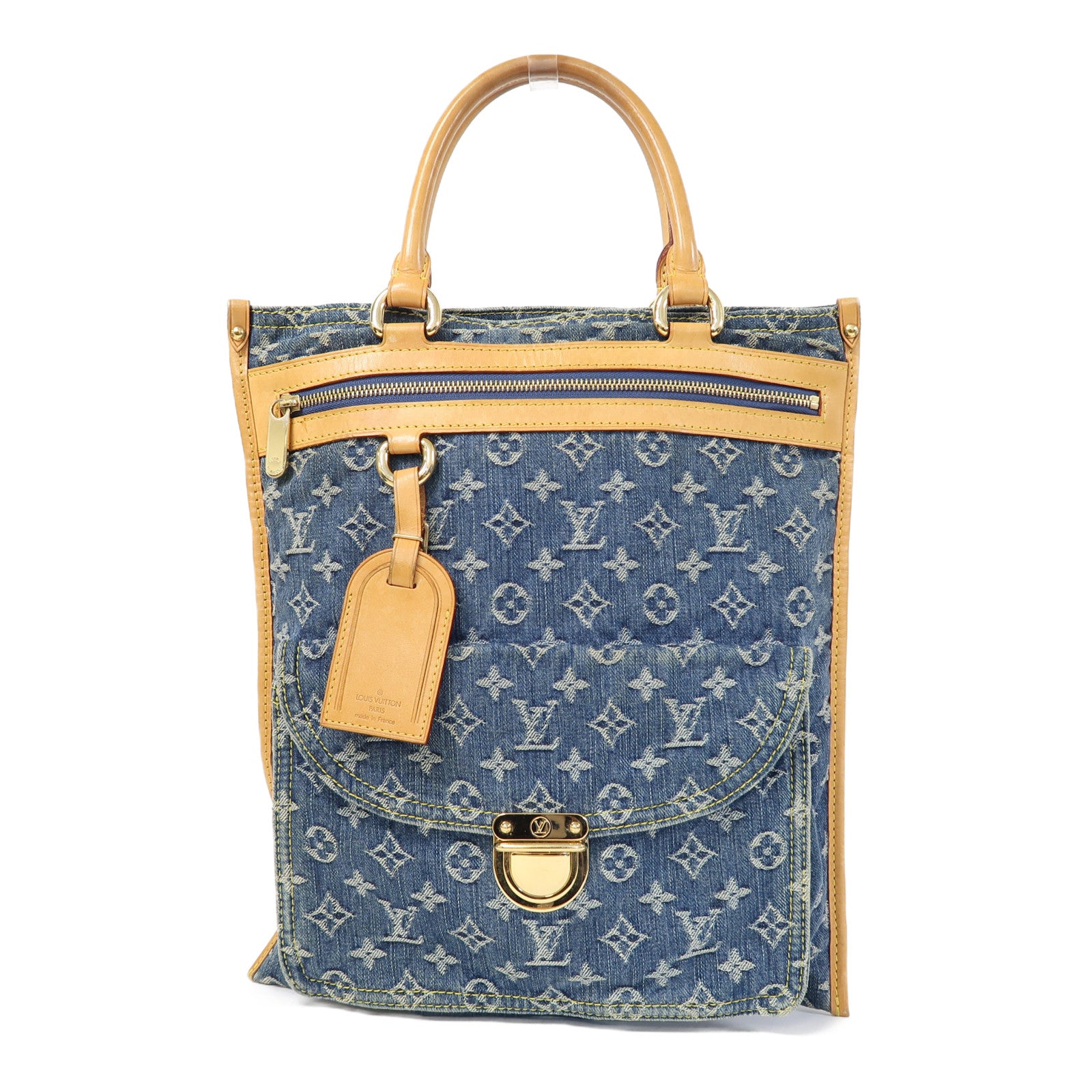 LOUIS VUITTON Monogram Denim Flat Shopper金扣手挽袋藍色