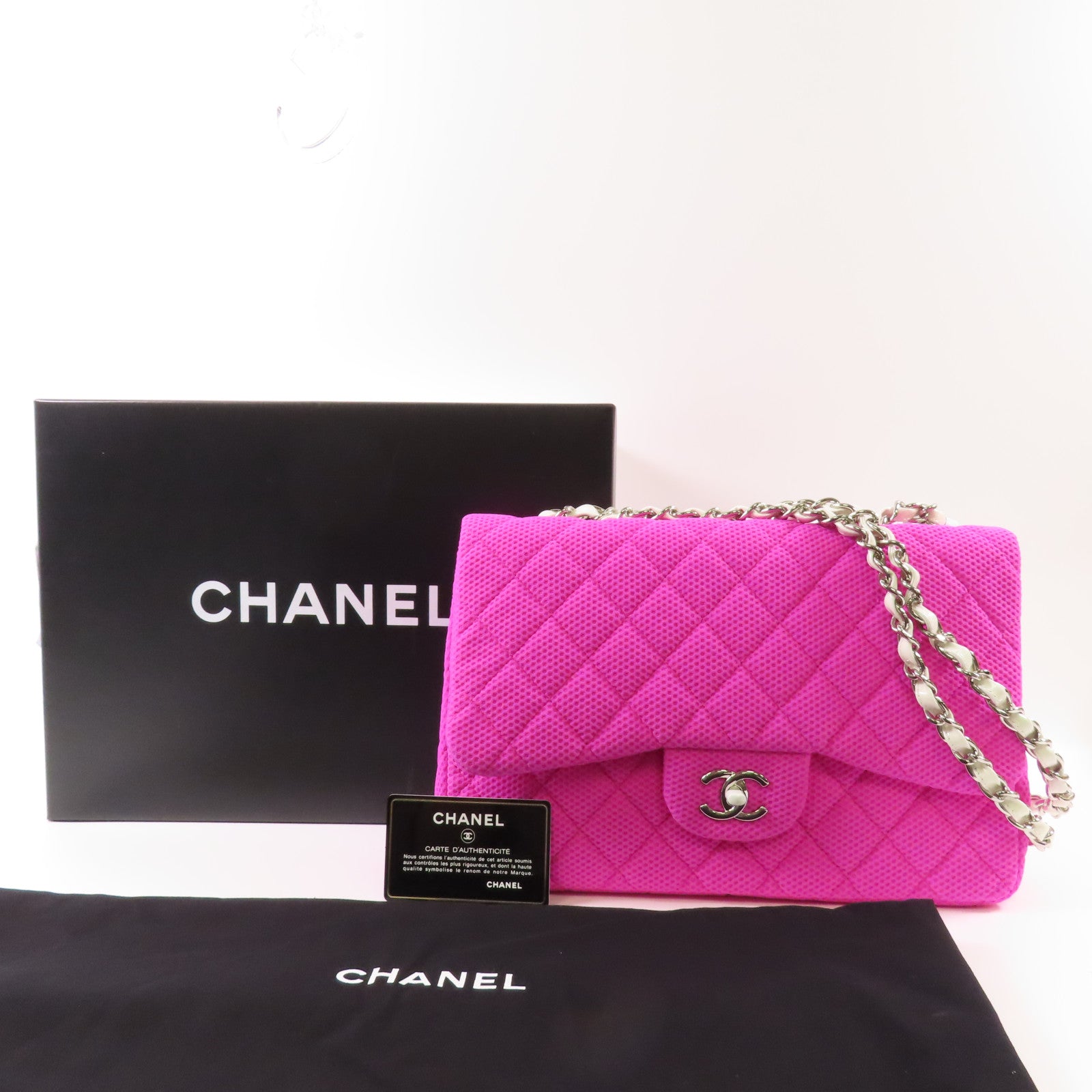 CHANEL 布料Large Classic銀扣鏈帶肩背袋