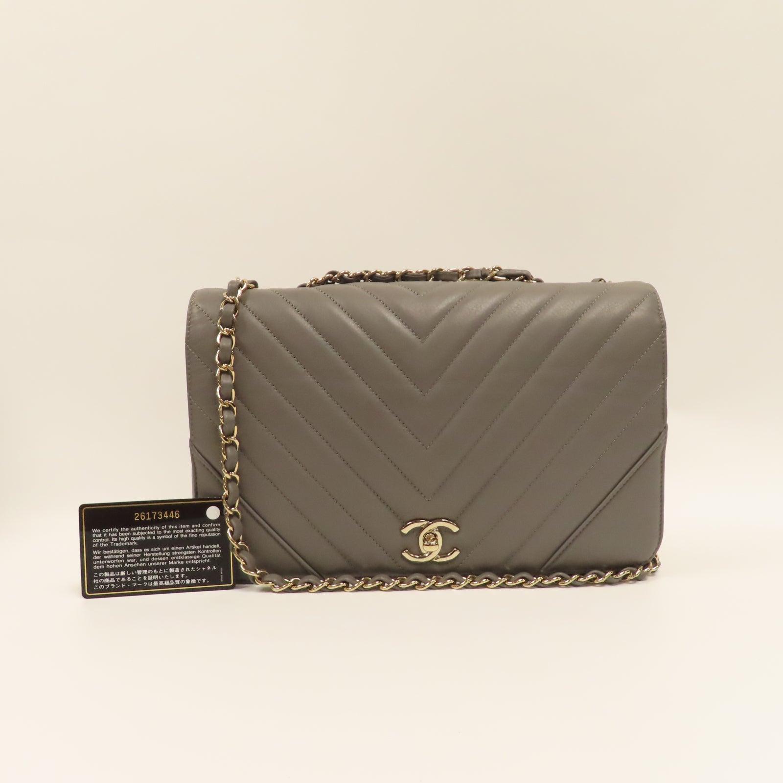 CHANEL 【激減優惠】斜紋牛皮皮革Statement Flap金扣鏈帶肩背袋灰色