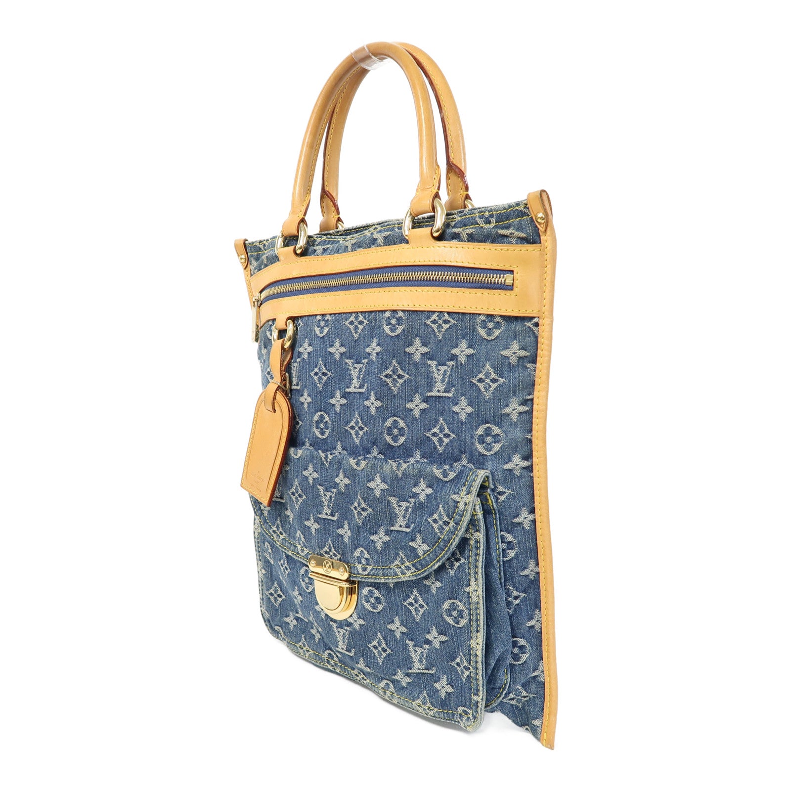 LOUIS VUITTON Monogram Denim Flat Shopper金扣手挽袋藍色