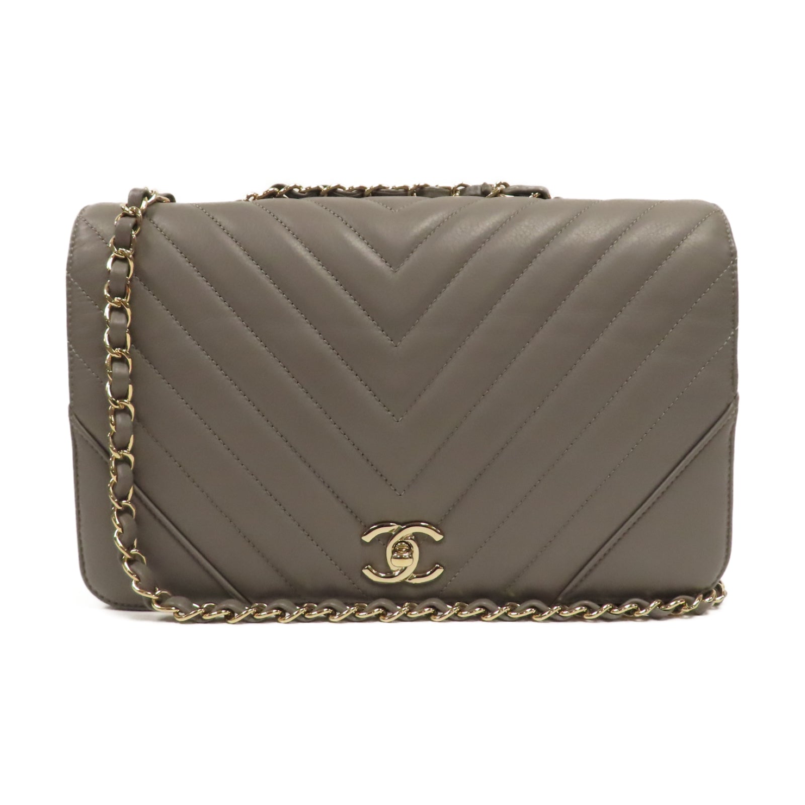 CHANEL 【激減優惠】斜紋牛皮皮革Statement Flap金扣鏈帶肩背袋灰色