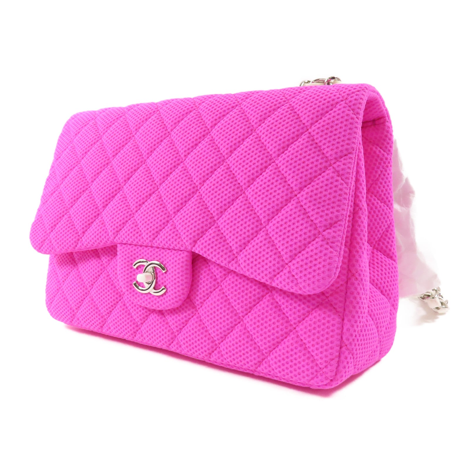 CHANEL 【激減優惠】布料Large Classic銀扣鏈帶肩背袋