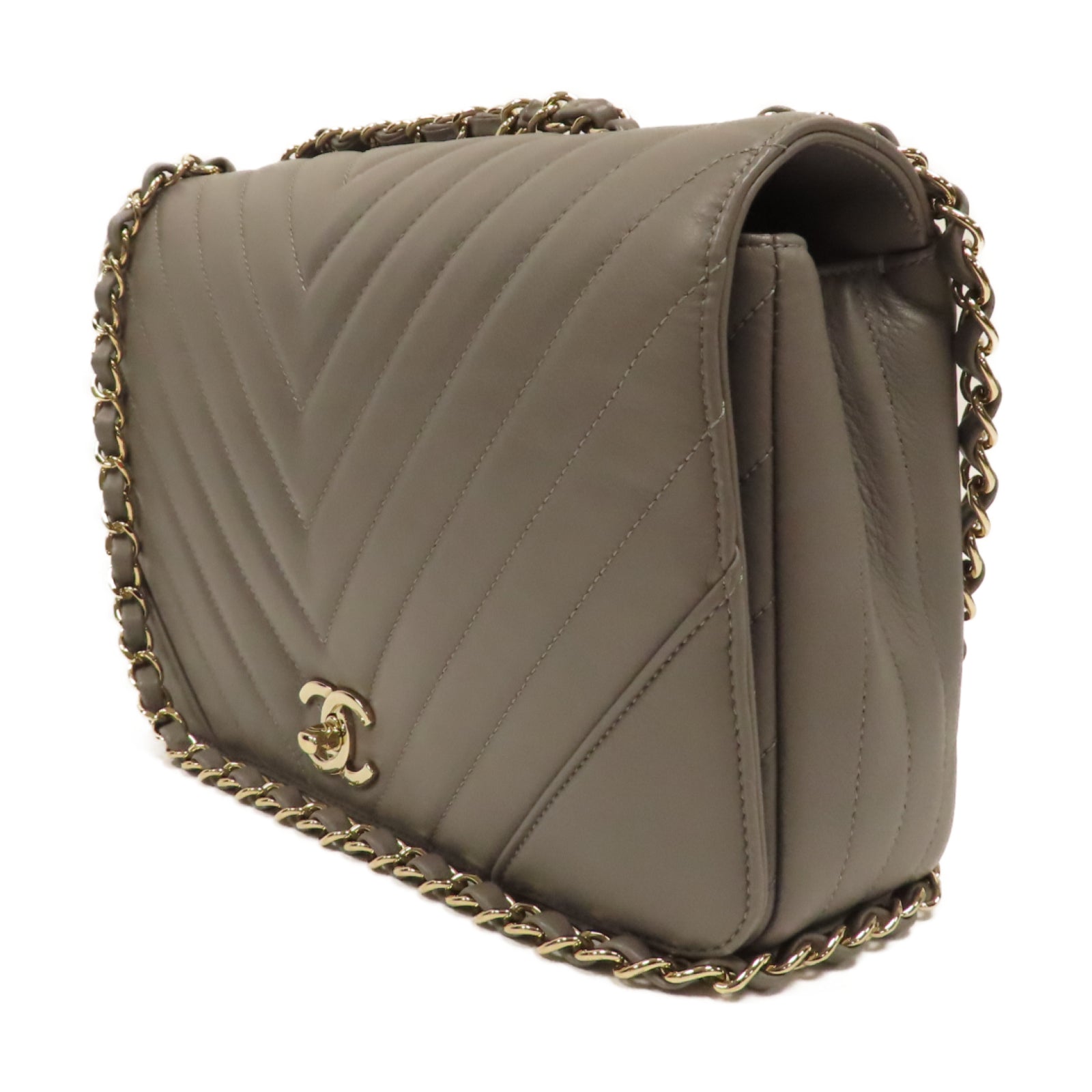 CHANEL 【激減優惠】斜紋牛皮皮革Statement Flap金扣鏈帶肩背袋灰色