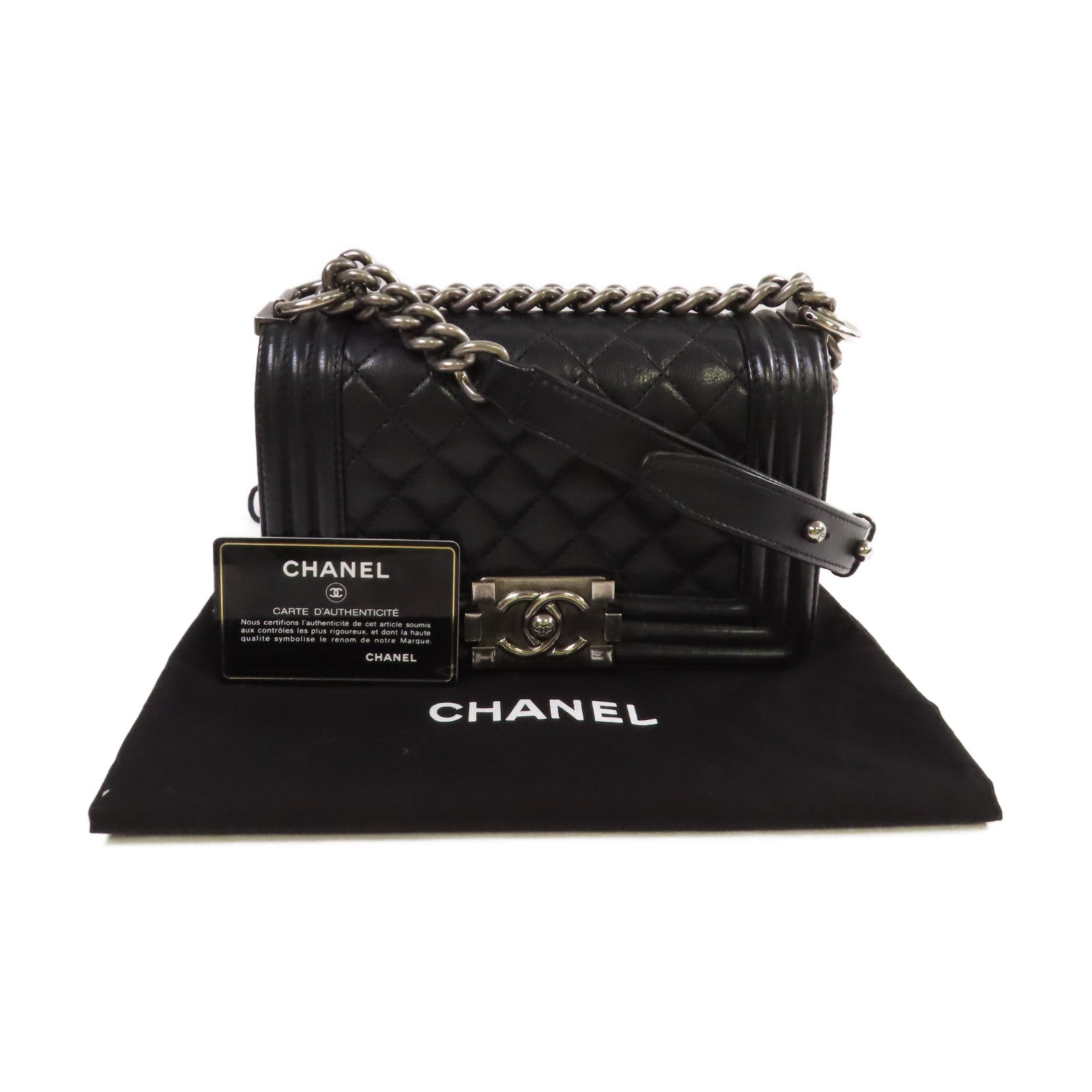 CHANEL 菱格牛皮皮革Boy Chanel 20 Chain Shoulder Bag銀扣鏈帶肩背袋黑色