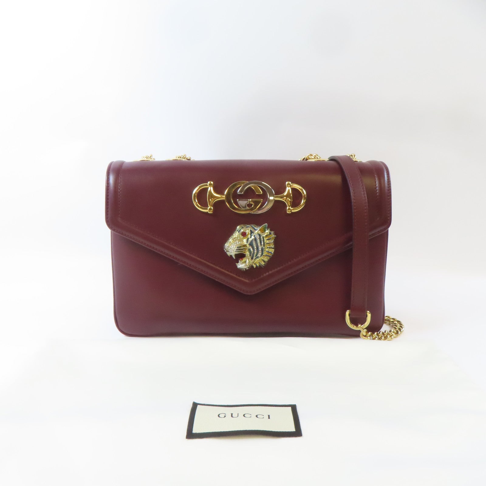 GUCCI 【激減優惠】牛皮皮革Rajah Medium Shoulder Bag金扣鏈帶肩背袋深紅色