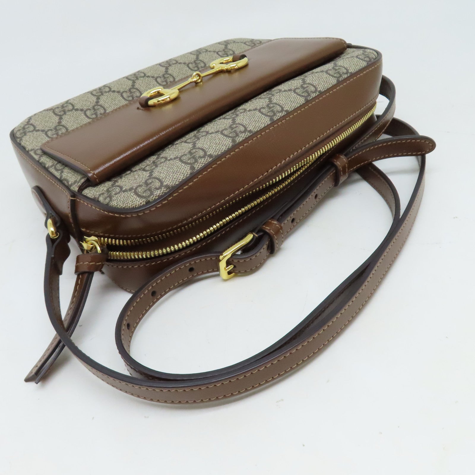 GUCCI 塗層帆布/牛皮皮革Horsebit 1955金扣肩背袋啡色