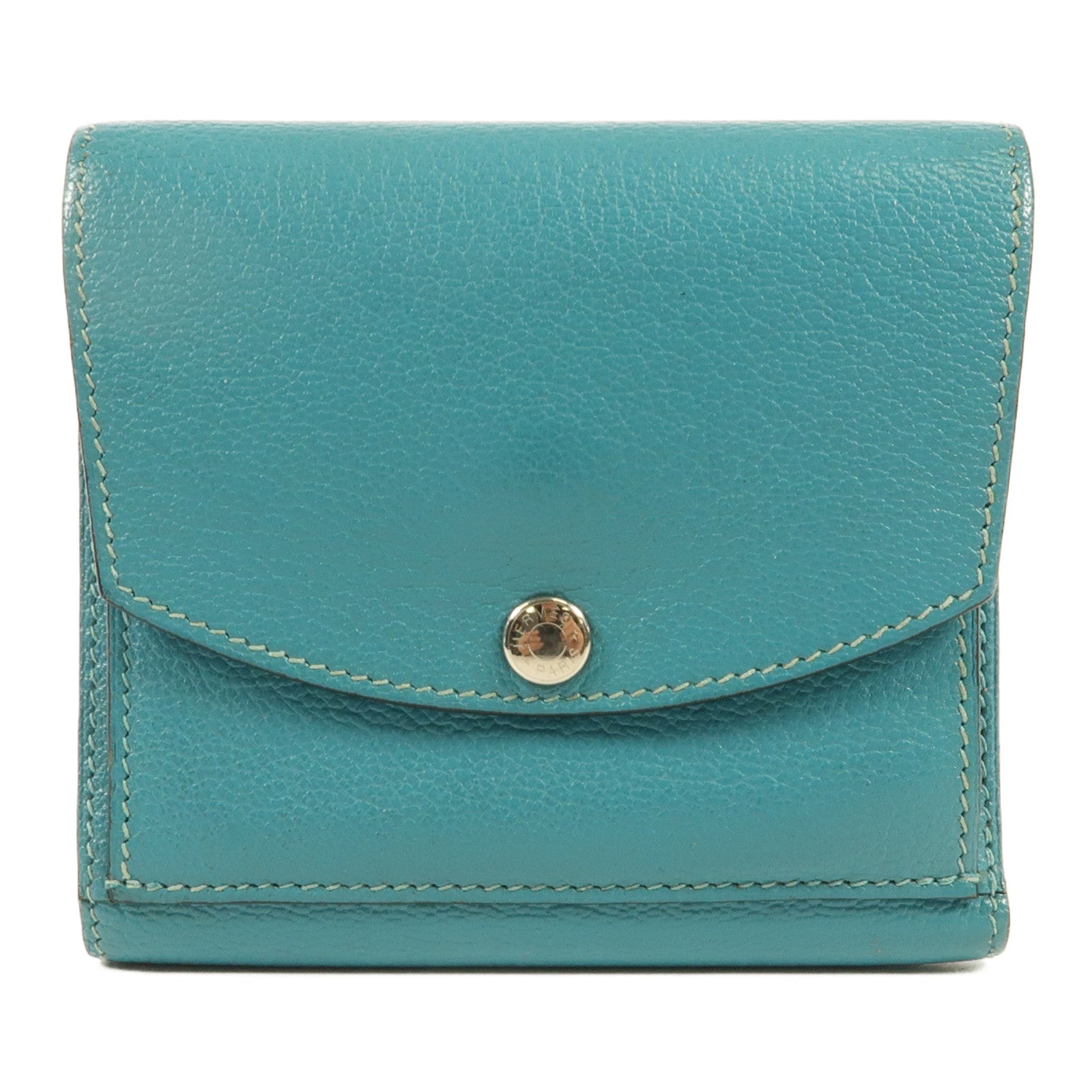 HERMES Chevre皮革Buckle Wallet銀扣錢包Bleu Paon