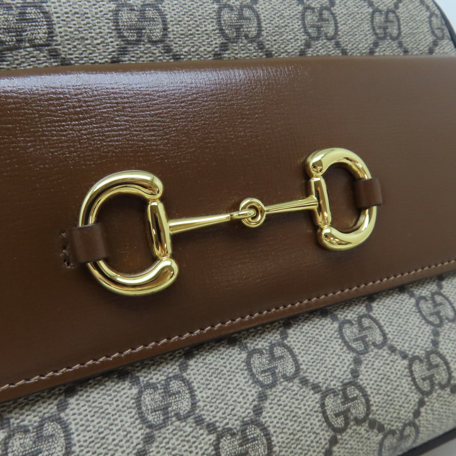 GUCCI 塗層帆布/牛皮皮革Horsebit 1955金扣肩背袋啡色