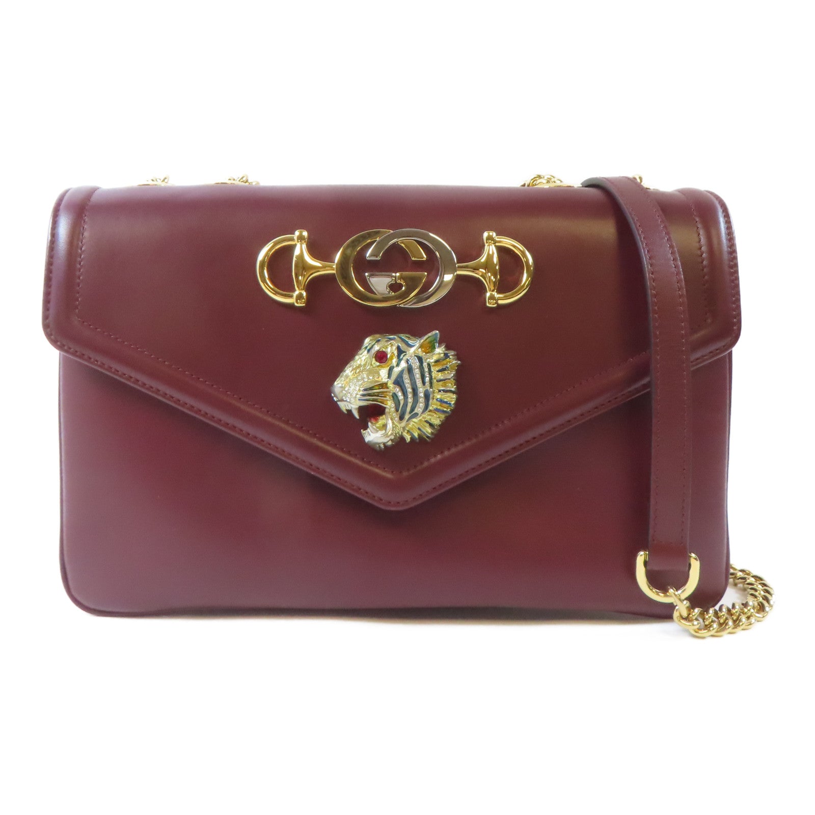 GUCCI 【激減優惠】牛皮皮革Rajah Medium Shoulder Bag金扣鏈帶肩背袋深紅色