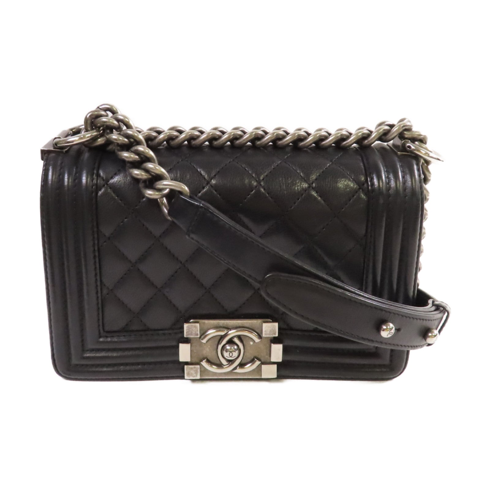 CHANEL 菱格牛皮皮革Boy Chanel 20 Chain Shoulder Bag銀扣鏈帶肩背袋黑色