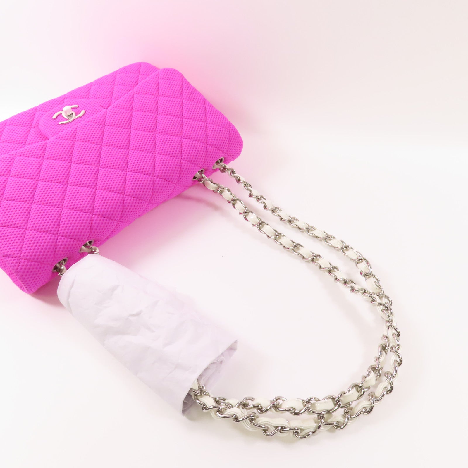 CHANEL 【激減優惠】布料Large Classic銀扣鏈帶肩背袋