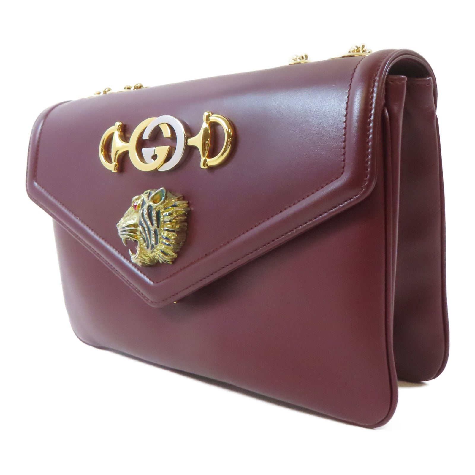 GUCCI 【激減優惠】牛皮皮革Rajah Medium Shoulder Bag金扣鏈帶肩背袋深紅色