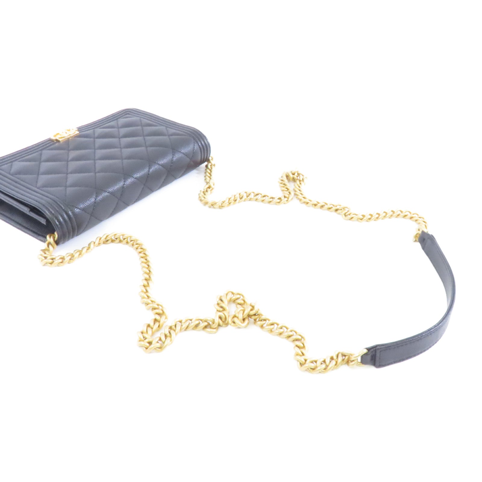 CHANEL 菱格Caviar皮革Boy Wallet On Chain金扣鏈帶肩背袋黑色
