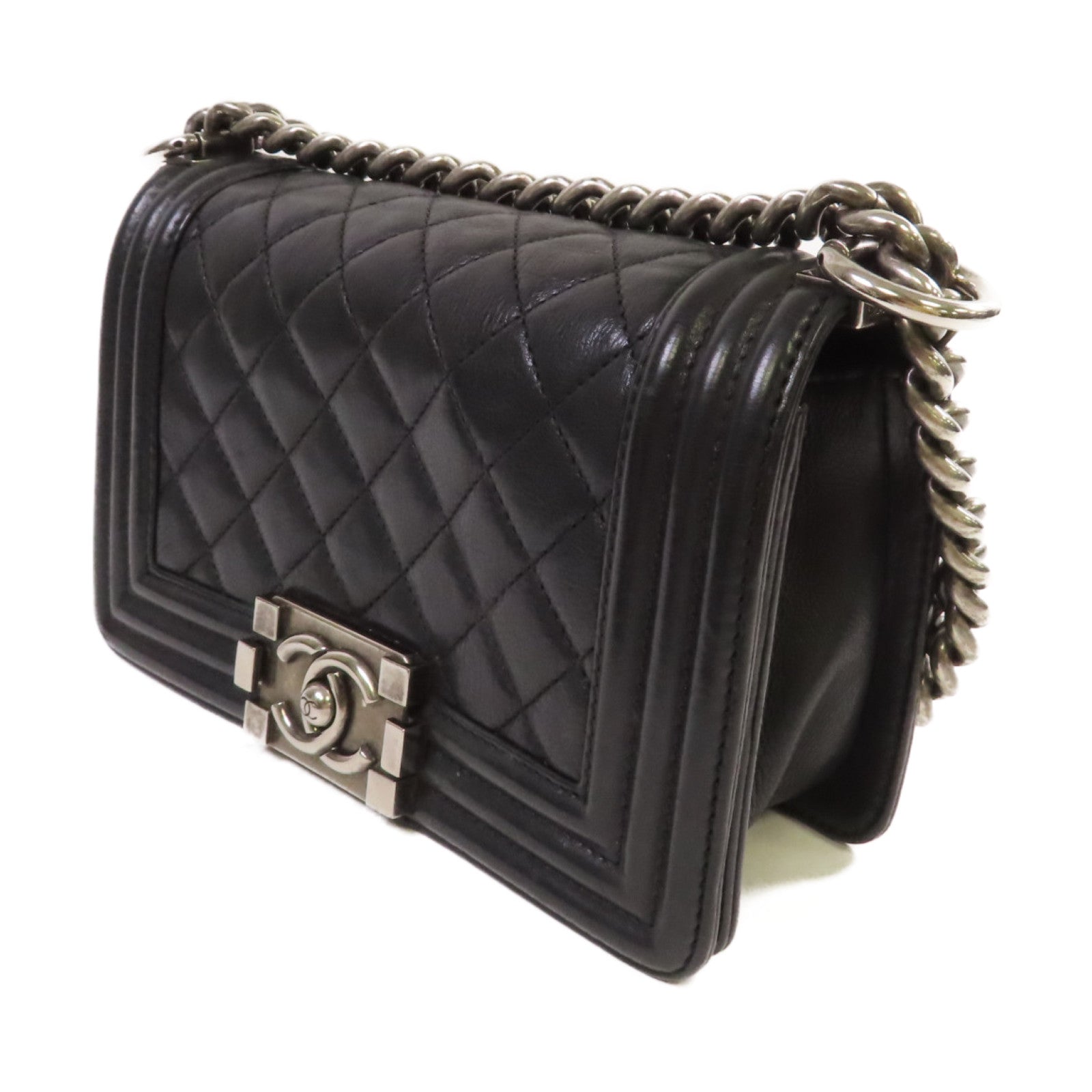 CHANEL 菱格牛皮皮革Boy Chanel 20 Chain Shoulder Bag銀扣鏈帶肩背袋黑色