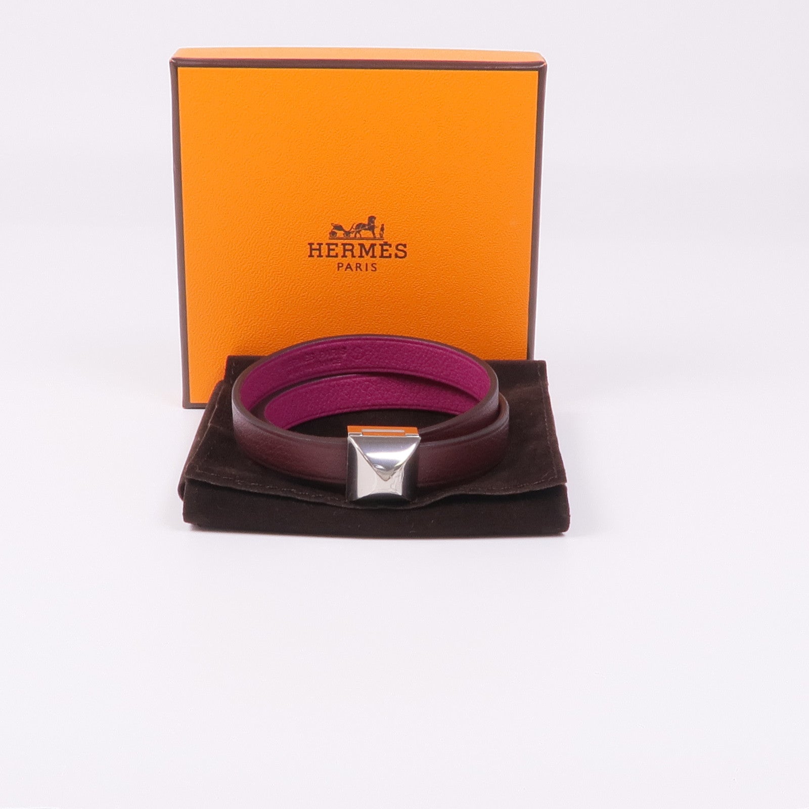 HERMES Swift皮革Medor Infini Double Tour Bracelet銀扣手帶Rose Pourpre