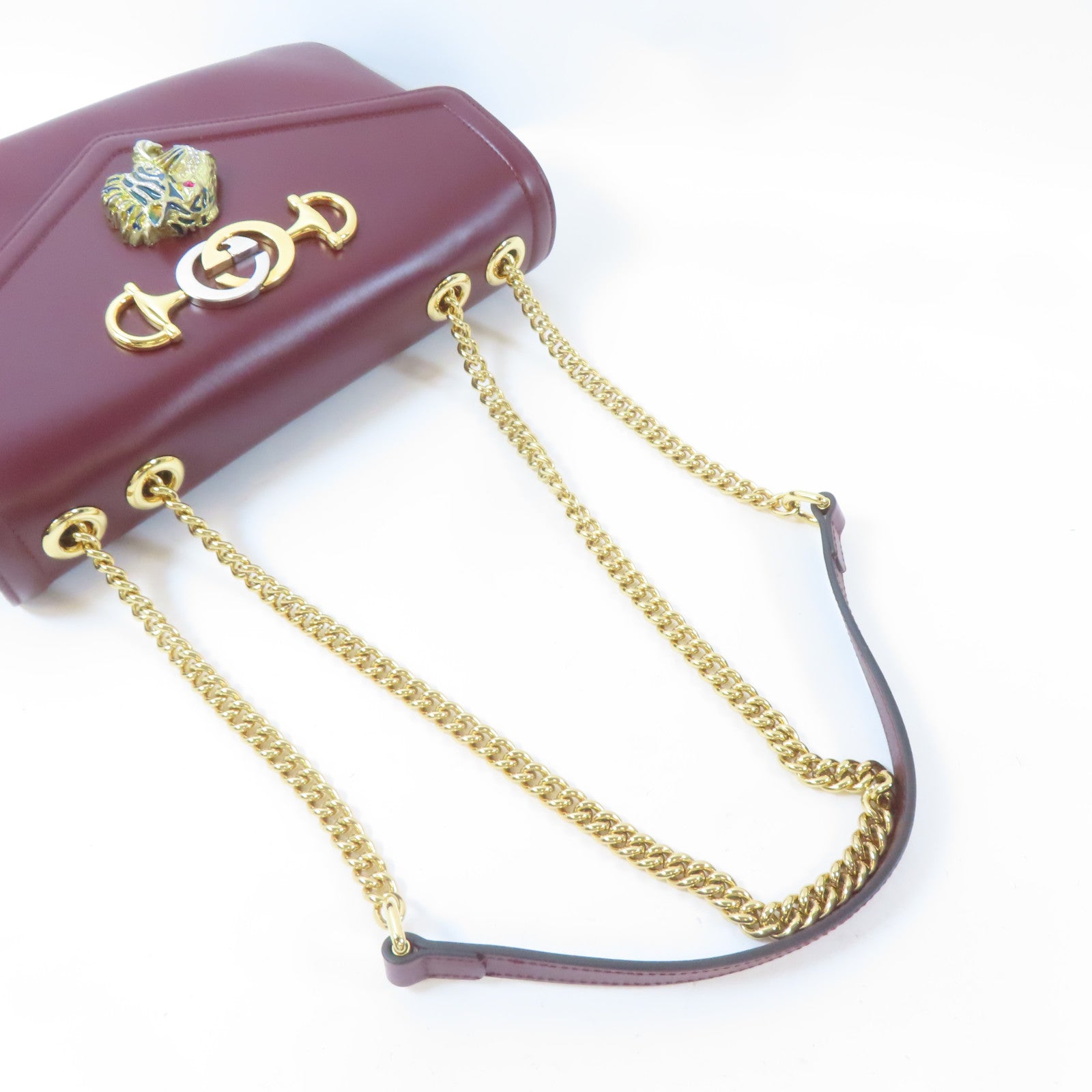 GUCCI 【激減優惠】牛皮皮革Rajah Medium Shoulder Bag金扣鏈帶肩背袋深紅色