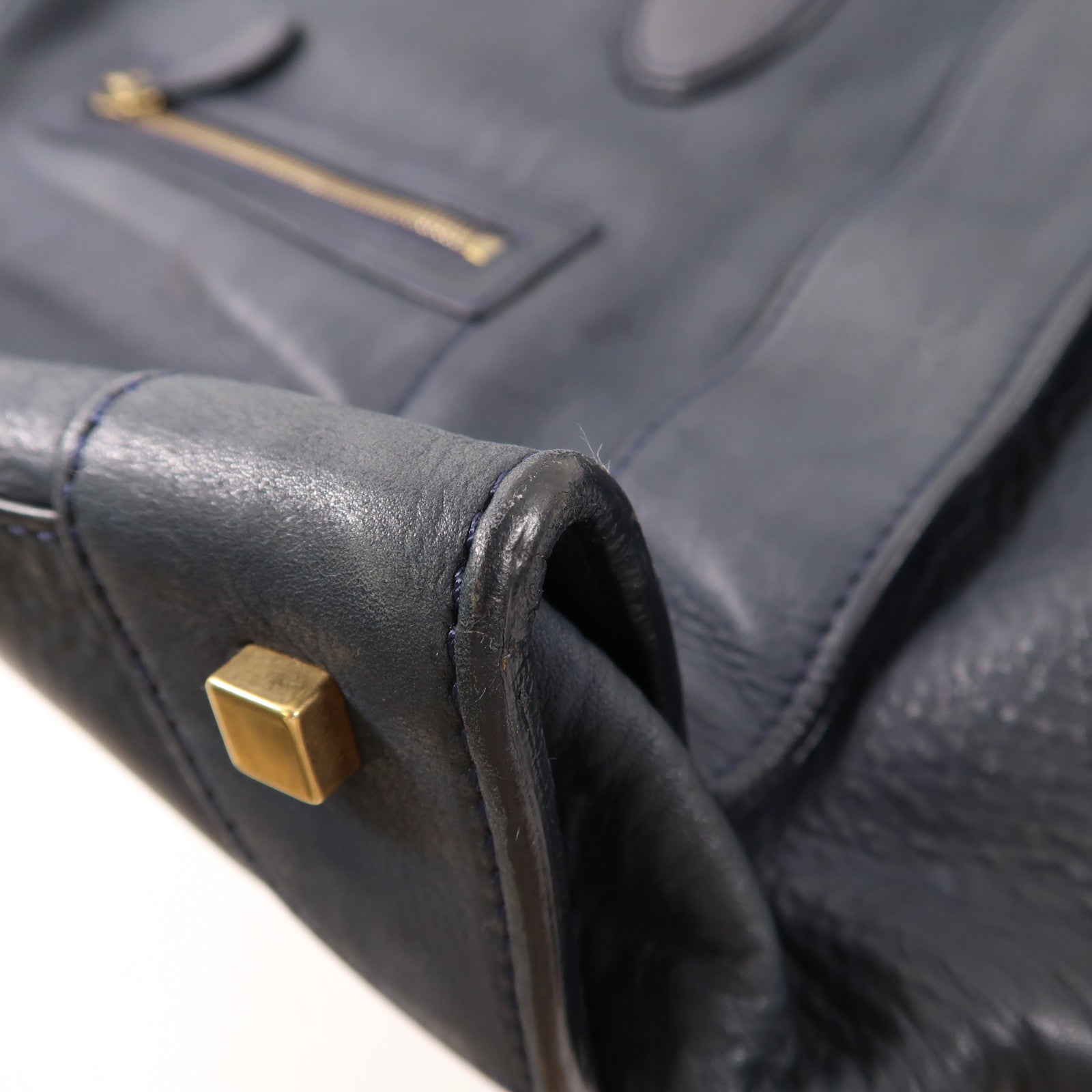 CELINE 牛皮皮革Luggage金扣手挽袋深藍色