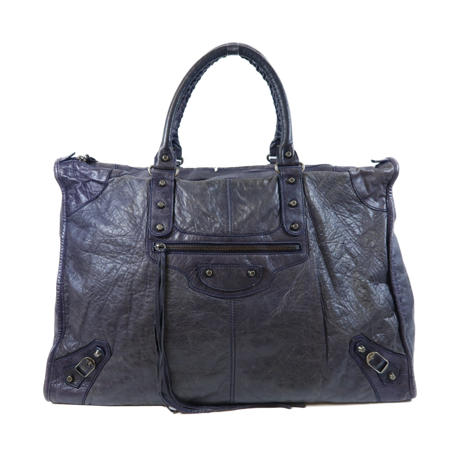 BALENCIAGA 牛皮皮革Weekender銀扣手挽袋灰色