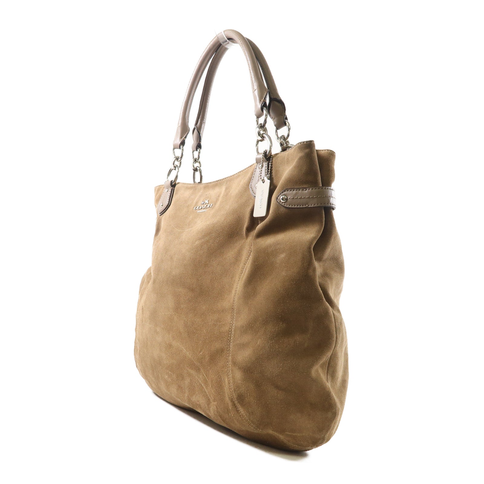 COACH 【激減優惠】麂皮皮革Tote Bag銀扣手挽袋啡色