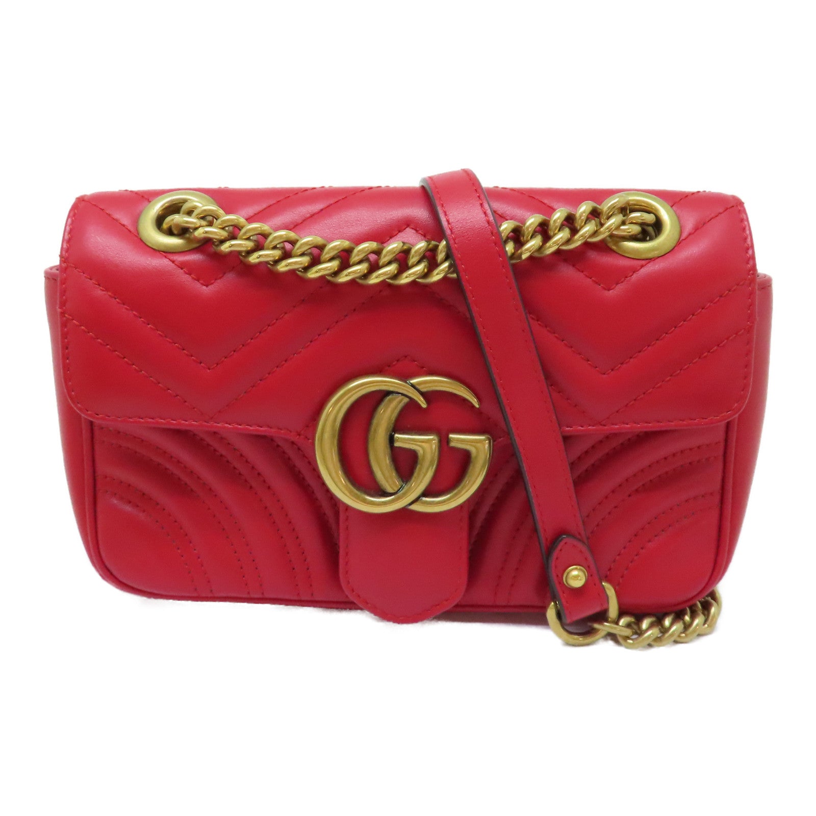 GUCCI 牛皮皮革GG Marmont金扣鏈帶肩背袋紅色
