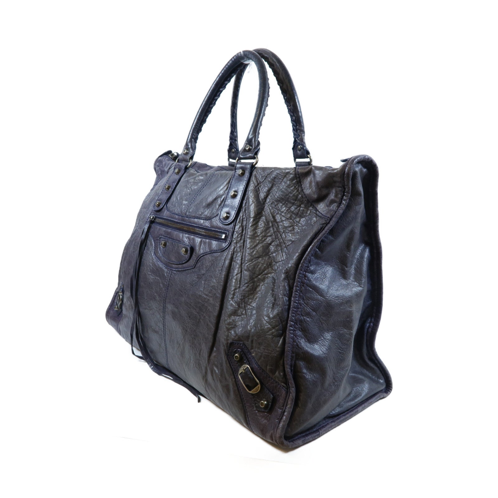 BALENCIAGA 牛皮皮革Weekender銀扣手挽袋灰色