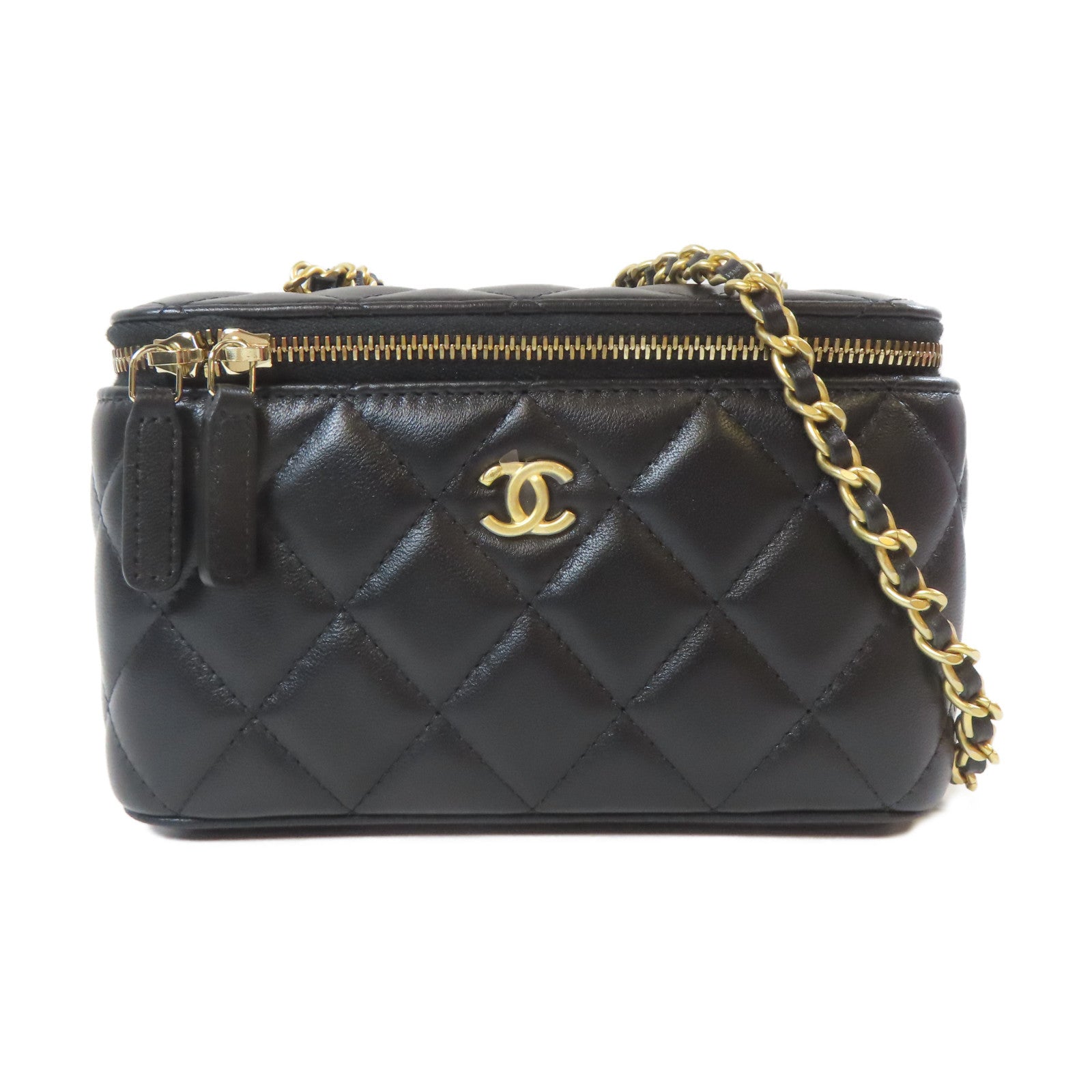 CHANEL 菱格羊皮皮革Vanity Case金扣鏈帶肩背袋黑色