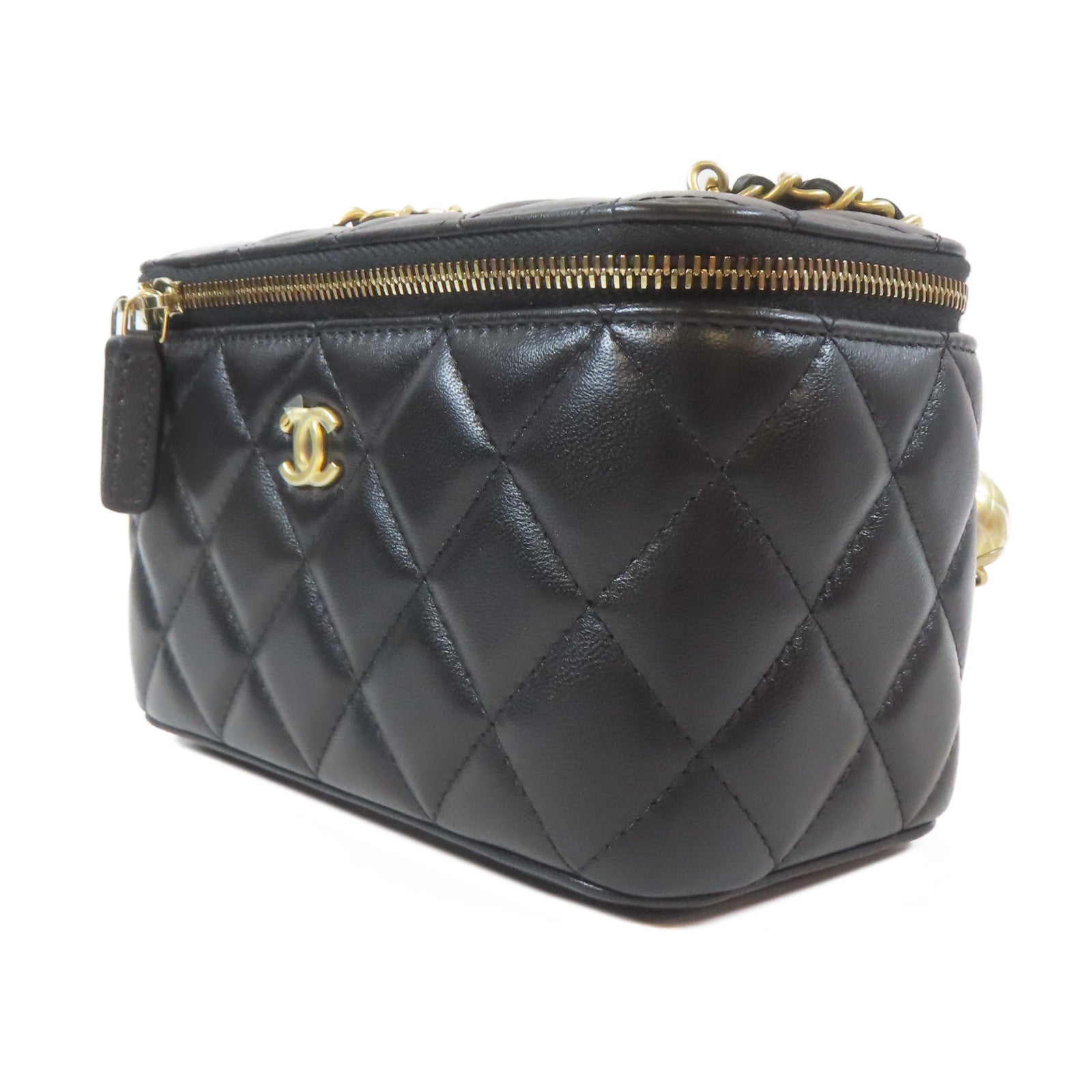 CHANEL 菱格羊皮皮革Vanity Case金扣鏈帶肩背袋黑色