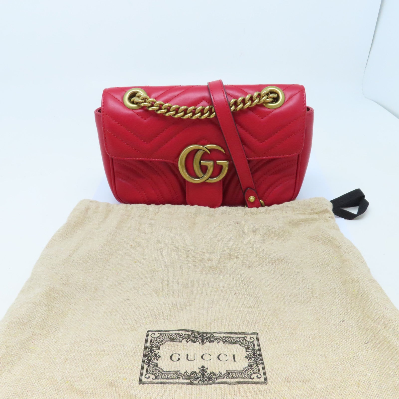 GUCCI 牛皮皮革GG Marmont金扣鏈帶肩背袋紅色