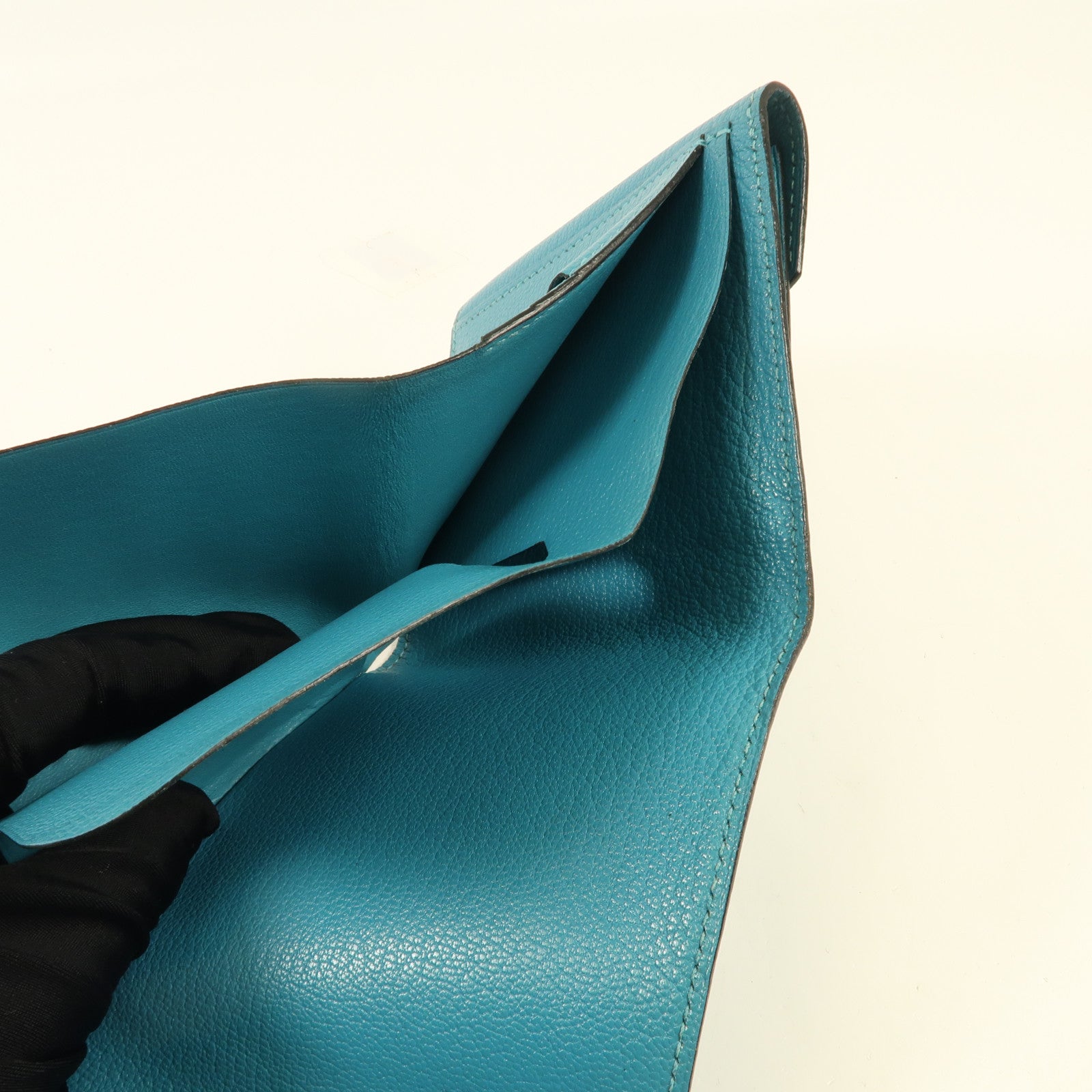 HERMES Chevre皮革Buckle Wallet銀扣錢包Bleu Paon