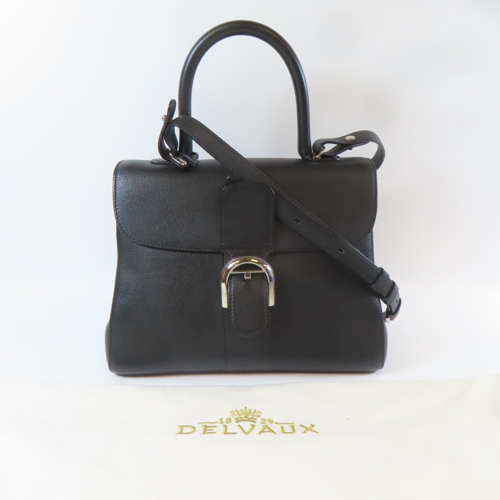 Delvaux 牛皮皮革Delaux Brillant MM銀扣手挽肩背兩用袋黑色