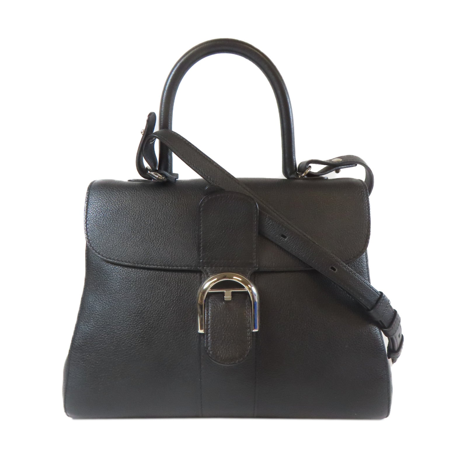 Delvaux 牛皮皮革Delaux Brillant MM銀扣手挽肩背兩用袋黑色