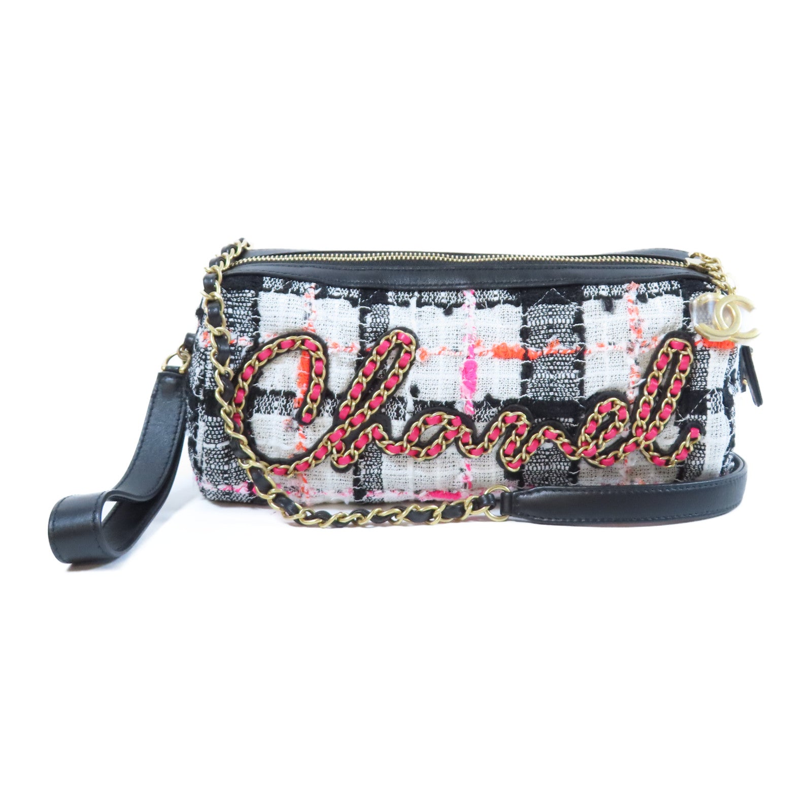 CHANEL **【激減優惠】斜紋軟呢Shoulder Bag金扣鏈帶肩背袋黑色/白色/粉紅色