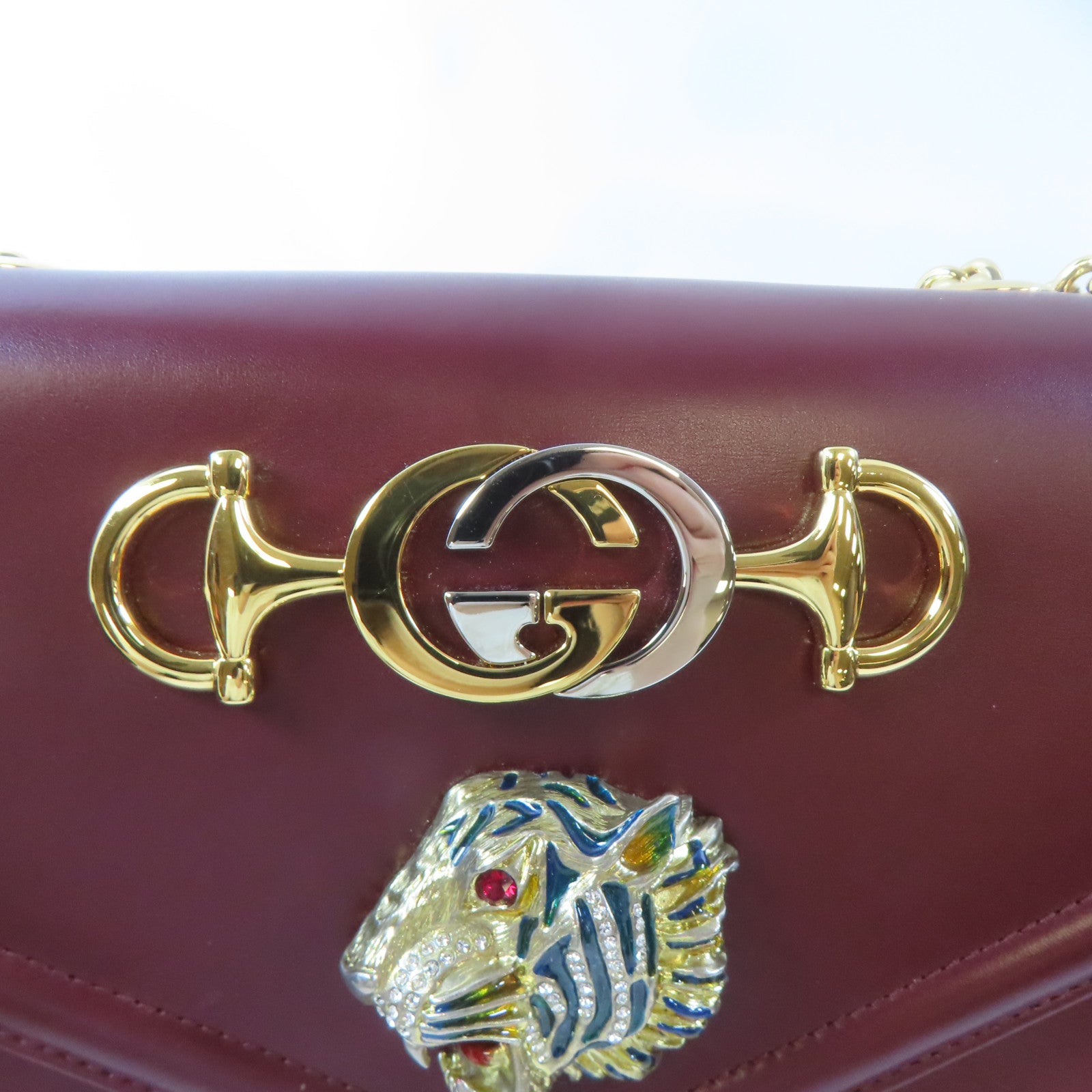 GUCCI 【激減優惠】牛皮皮革Rajah Medium Shoulder Bag金扣鏈帶肩背袋深紅色