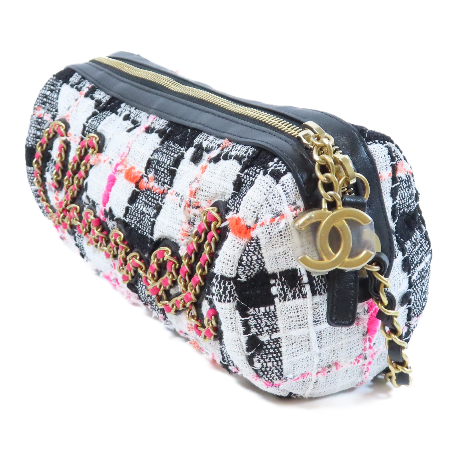 CHANEL **【激減優惠】斜紋軟呢Shoulder Bag金扣鏈帶肩背袋黑色/白色/粉紅色