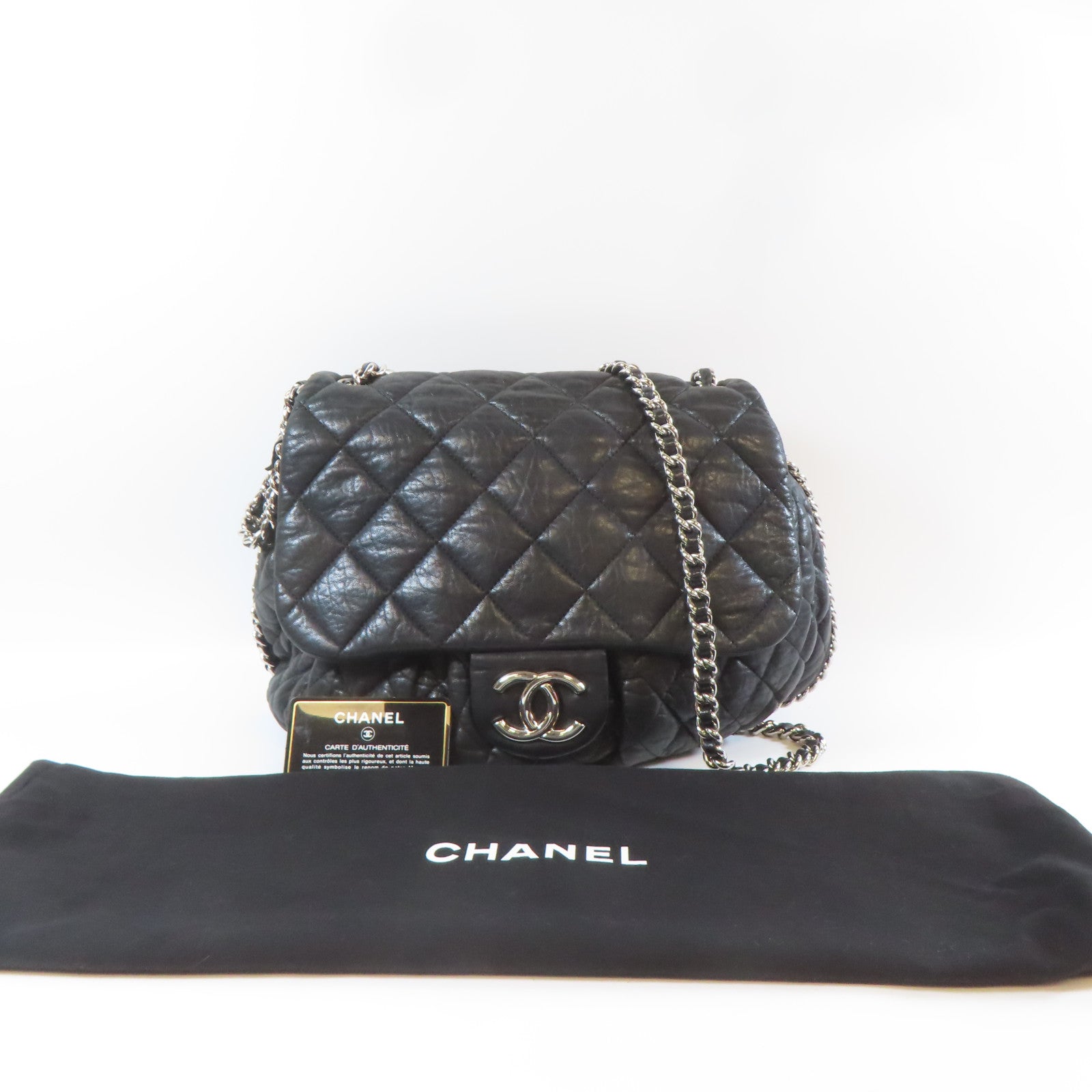 CHANEL 【清倉大減價】菱格牛皮皮革Chain Shoulder鏈帶肩背袋黑色