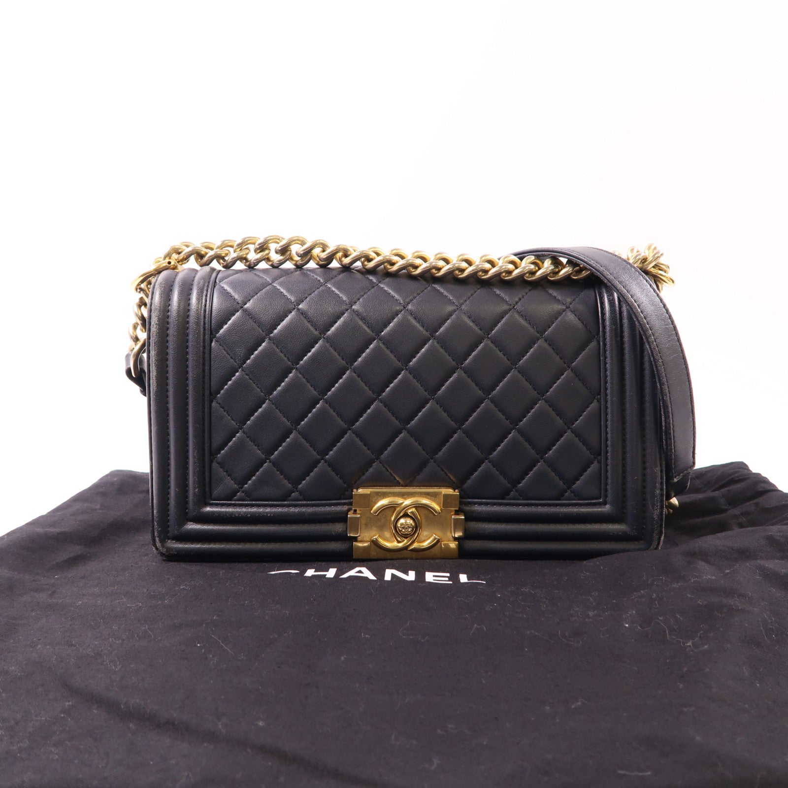 CHANEL CC GHW Boy 25 Chain Shoulder Bag Lambskin Leather Navy