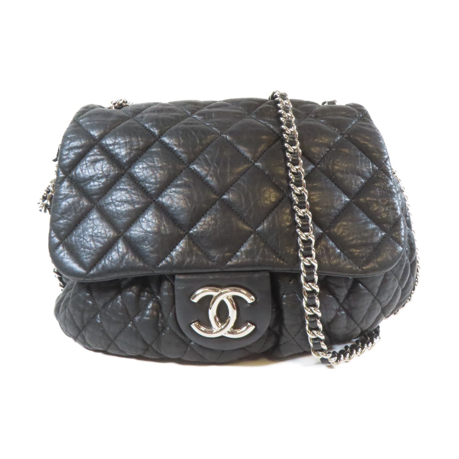 CHANEL 【清倉大減價】菱格牛皮皮革Chain Shoulder鏈帶肩背袋黑色