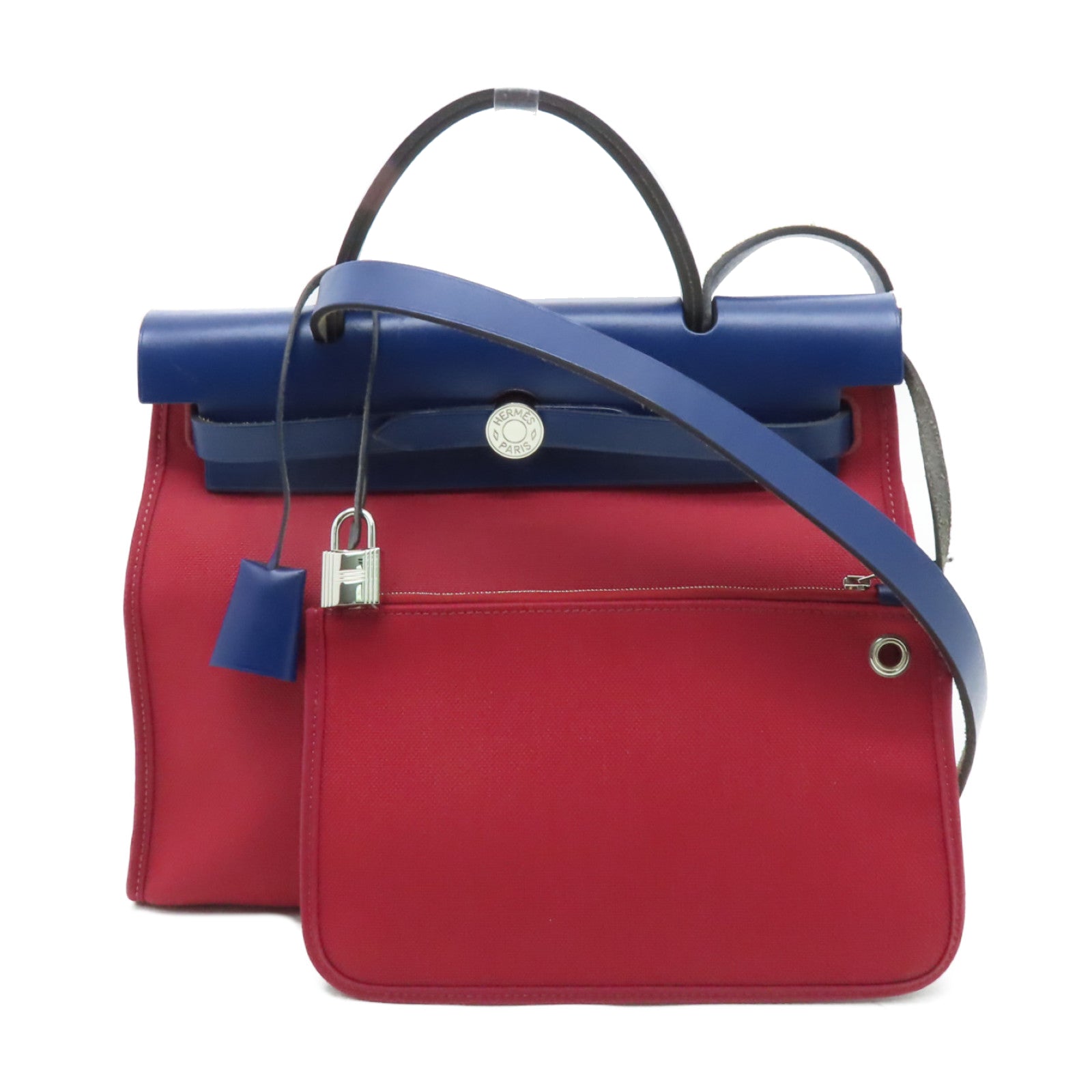 HERMES 【激減優惠】帆布/皮革Herbag PM銀扣手挽肩背兩用袋紅色/藍色