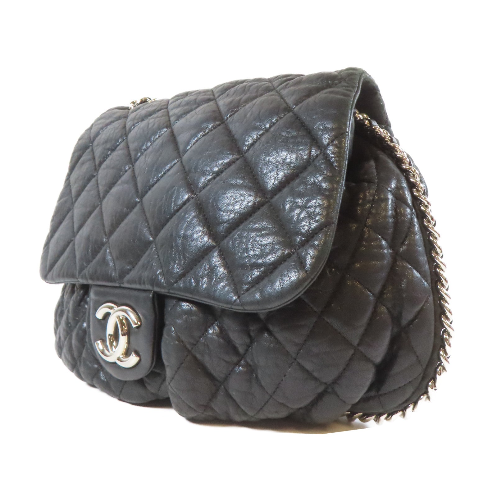 CHANEL 【清倉大減價】菱格牛皮皮革Chain Shoulder鏈帶肩背袋黑色