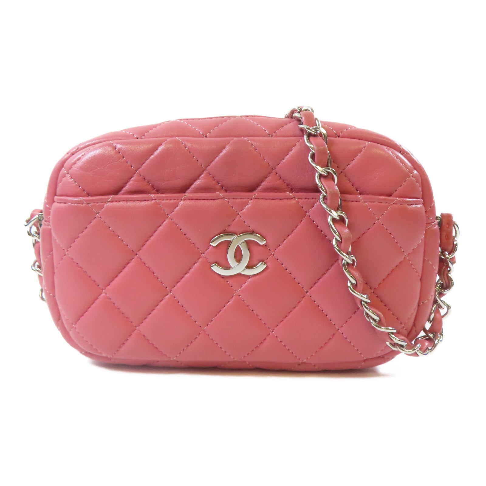 CHANEL 【激減優惠】菱格羊皮皮革Camera Bag銀扣鏈帶肩背袋粉紅色