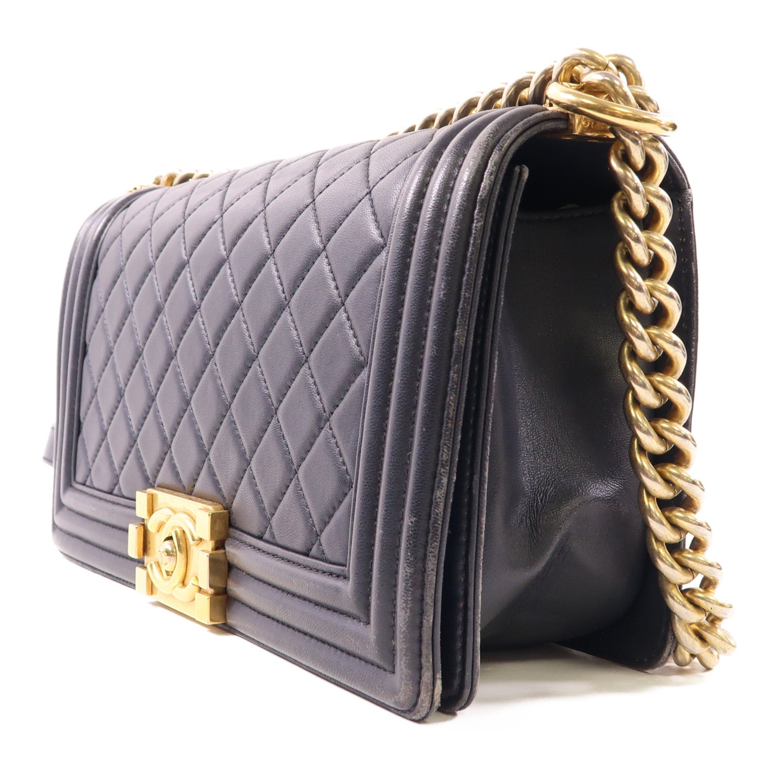 CHANEL CC GHW Boy 25 Chain Shoulder Bag Lambskin Leather Navy