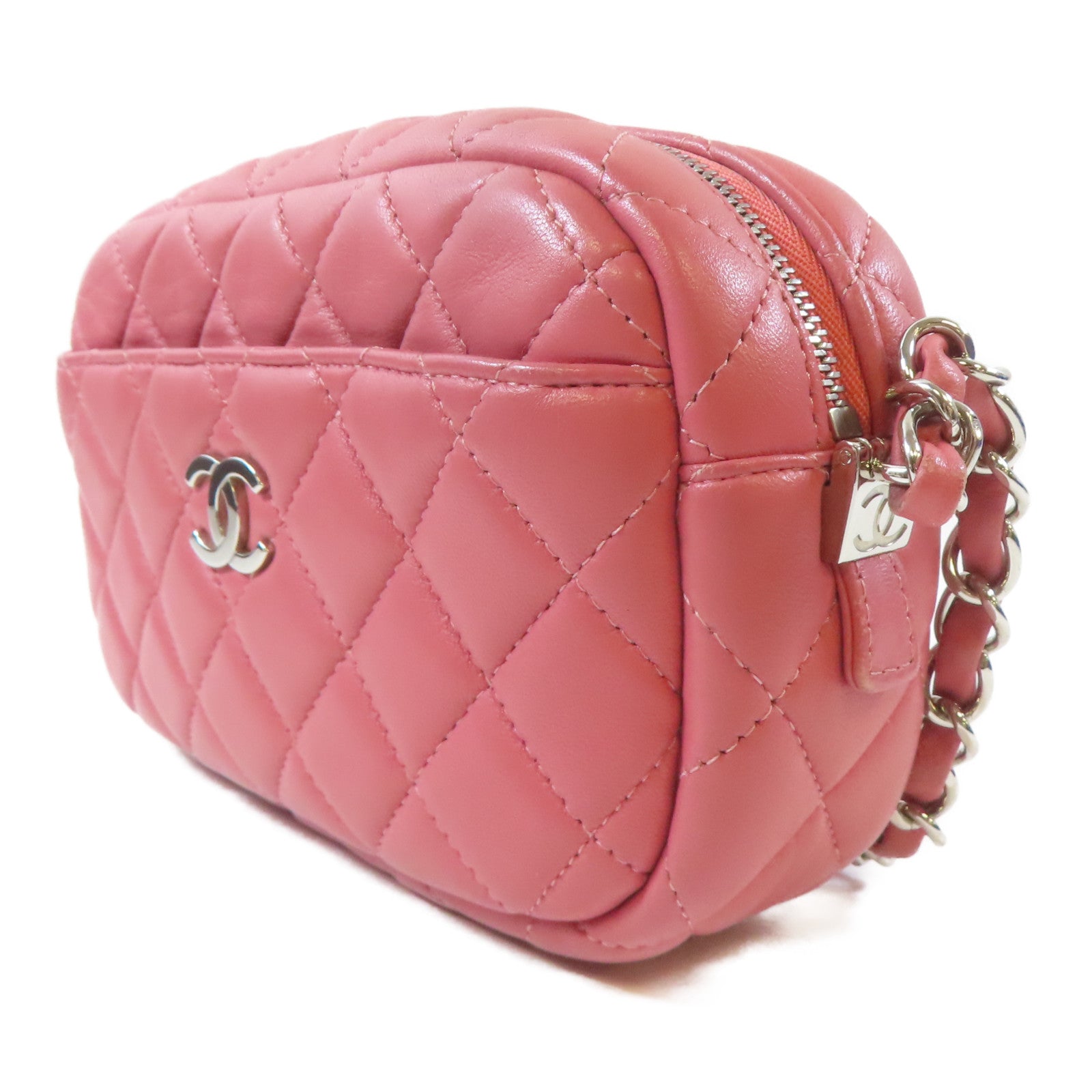 CHANEL 【激減優惠】菱格羊皮皮革Camera Bag銀扣鏈帶肩背袋粉紅色