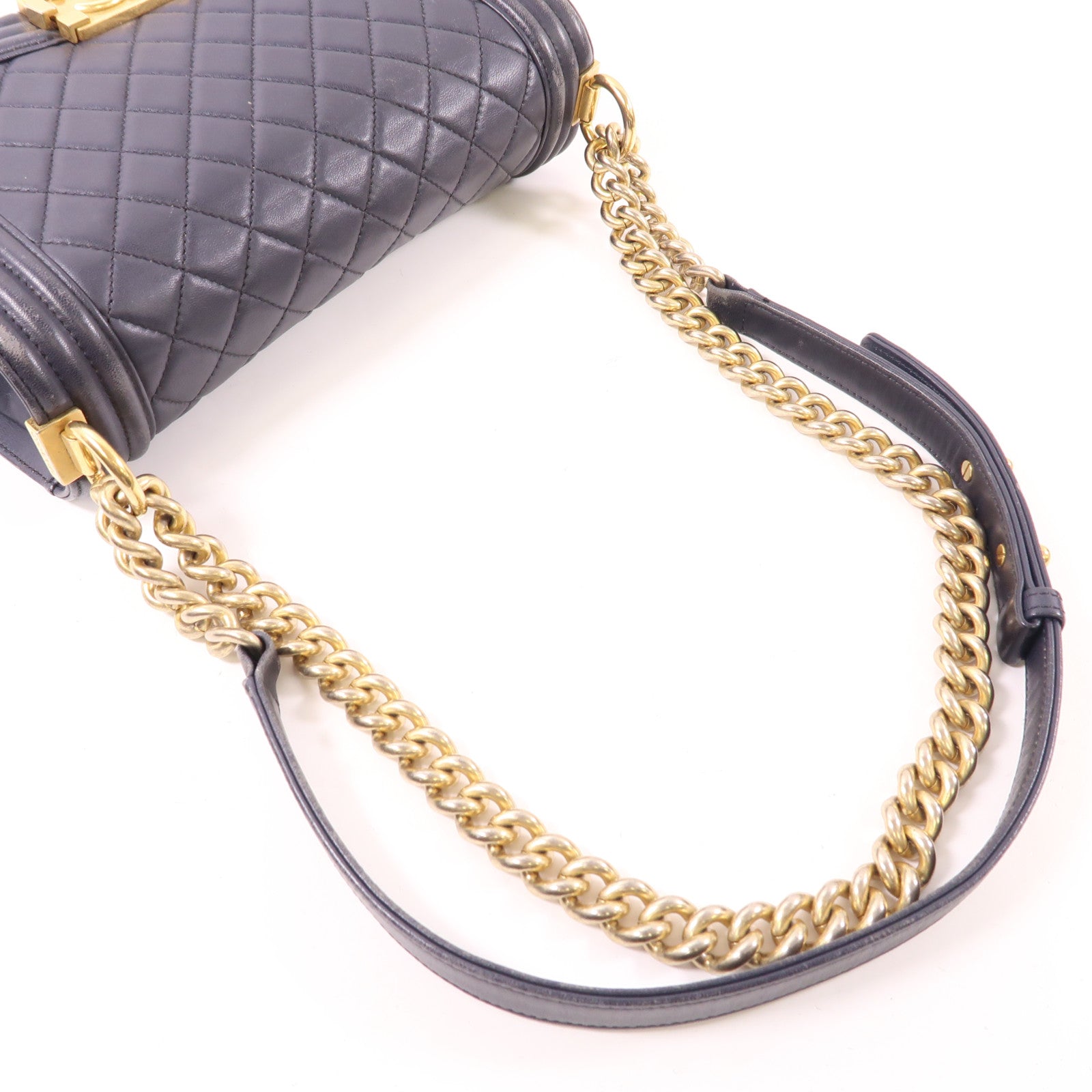 CHANEL CC GHW Boy 25 Chain Shoulder Bag Lambskin Leather Navy