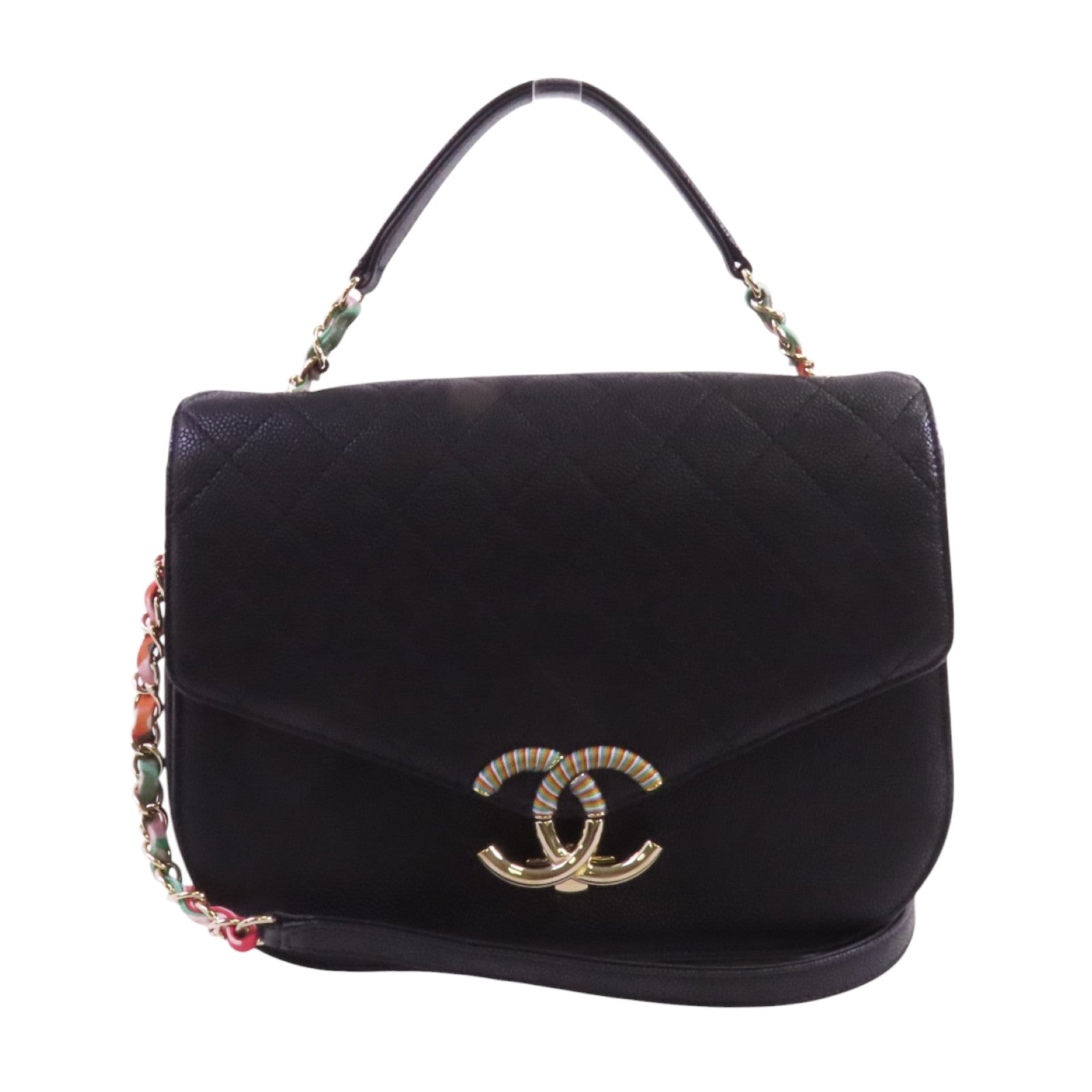 CHANEL 牛皮皮革Chain Shoulder金扣鏈帶手挽肩背兩用袋