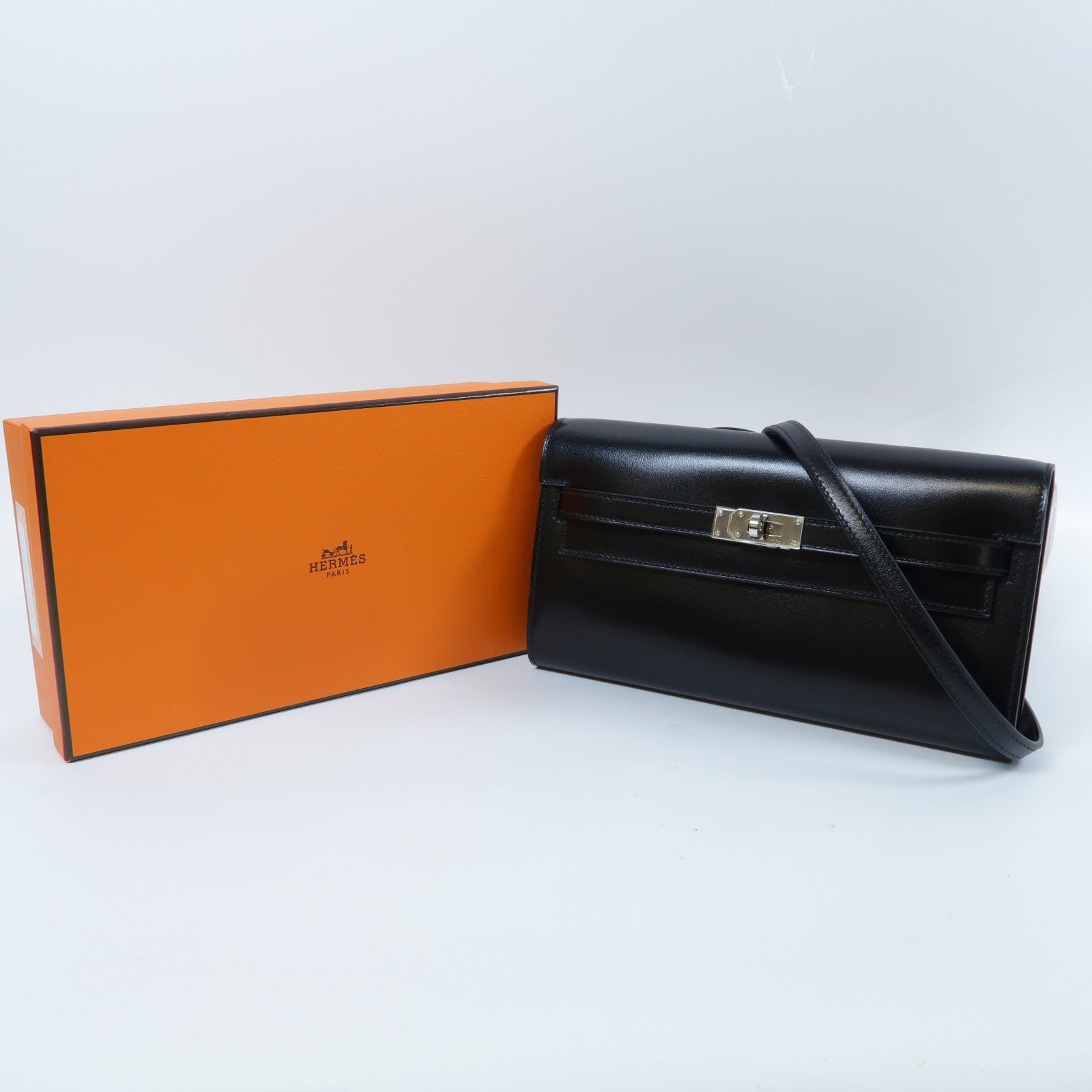 HERMES Box Calf皮革Kelly To Go銀扣肩背袋黑色