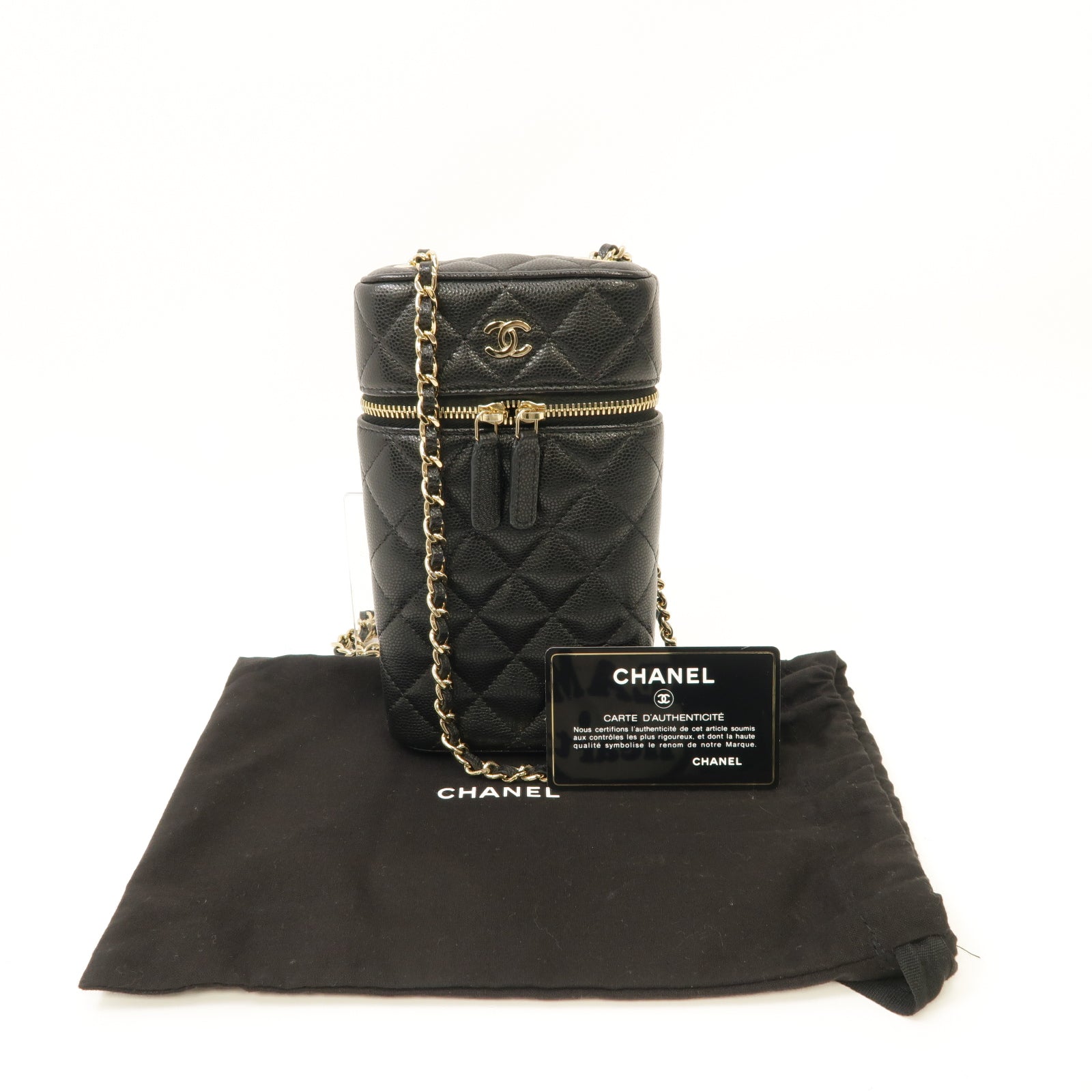 CHANEL 菱格Caviar皮革Vanity Phone Holder With Chain Bag金扣鏈帶肩背袋黑色