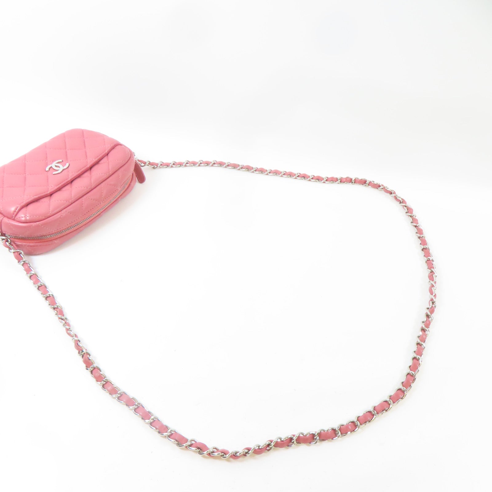 CHANEL 【激減優惠】菱格羊皮皮革Camera Bag銀扣鏈帶肩背袋粉紅色